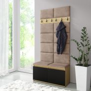 Small wardrobe 01 with upholstered bench | shoe cabinet for 8 pairs of shoes | 215 x 100 x 40 cm | Artisan/Black/Light Brown | 6 coat hooks | 4 compartments