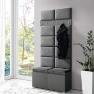 Small wardrobe 01 with shoe cabinet for 8 pairs of shoes, graphite/light black, 215 x 100 x 40 cm, 6 coat hooks, upholstered panels for bench and wall