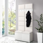 Wardrobe 01 with bench and upholstered wall, white/cream, 215 x 100 x 40 cm, shoe cabinet for 8 pairs of shoes, 6 coat hooks, 4 compartments