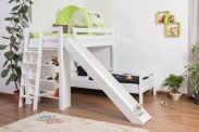 Children's bed Bunk bed Pauli solid beech wood white lacquered with shelf and slide incl. rolling frame - 90 x 200 cm, divisible