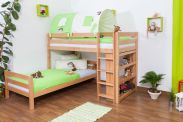 Children's bunk bed Moritz L solid beech wood natural with shelf, incl. roll-away frame - 90 x 200 cm, divisible