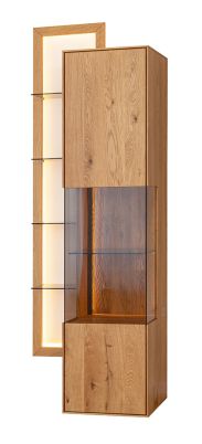 Wall cabinet Sienne 04 with 1 door, tinted glass, solid wild oak, push-to-open, 8 shelves, incl. LED lighting, 175 x 73 x 37 cm, brushed wood