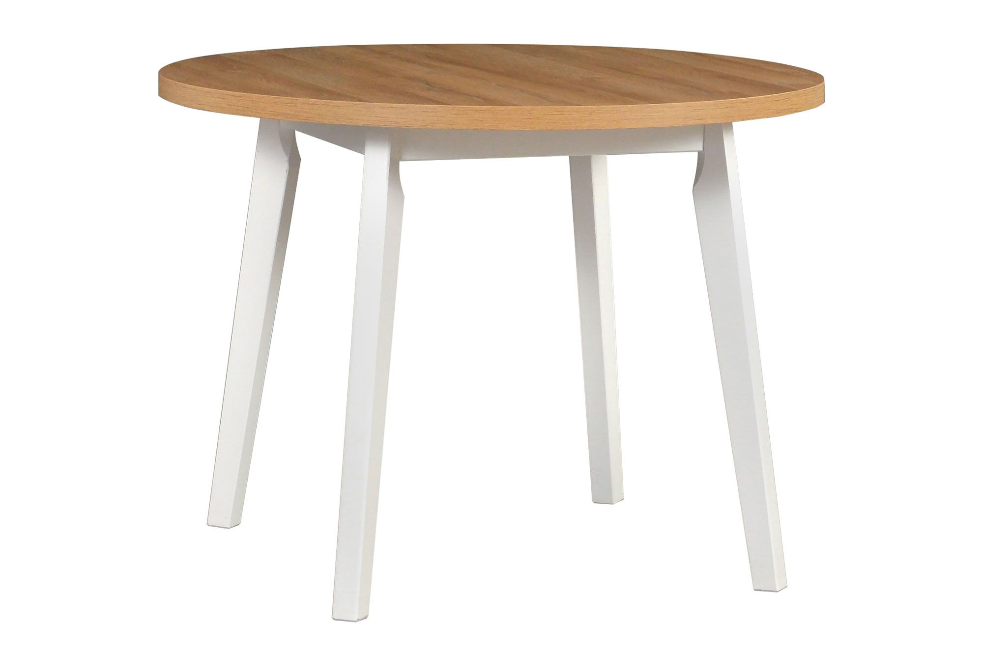 Round dining table ANDRA in white/oak, extendable, dimensions Ø 100/130 (H x D), tabletop height 32 mm, tabletop scratch-resistant laminate, wooden legs