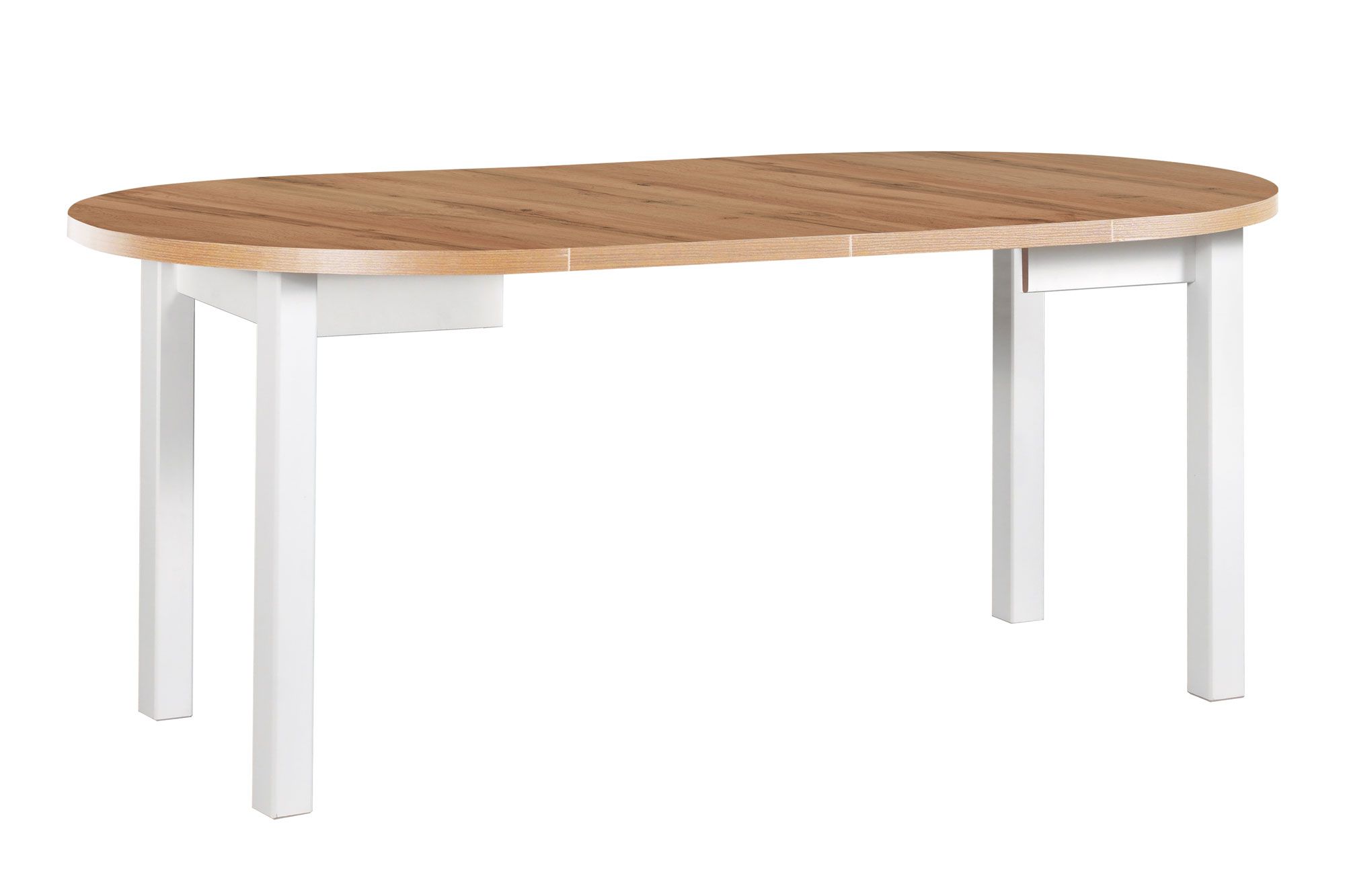 Round dining room table ILZE in white/oak, extendable, dimensions Ø 100/180 (H x D), tabletop height 32 mm, tabletop scratch-resistant laminate, wooden legs