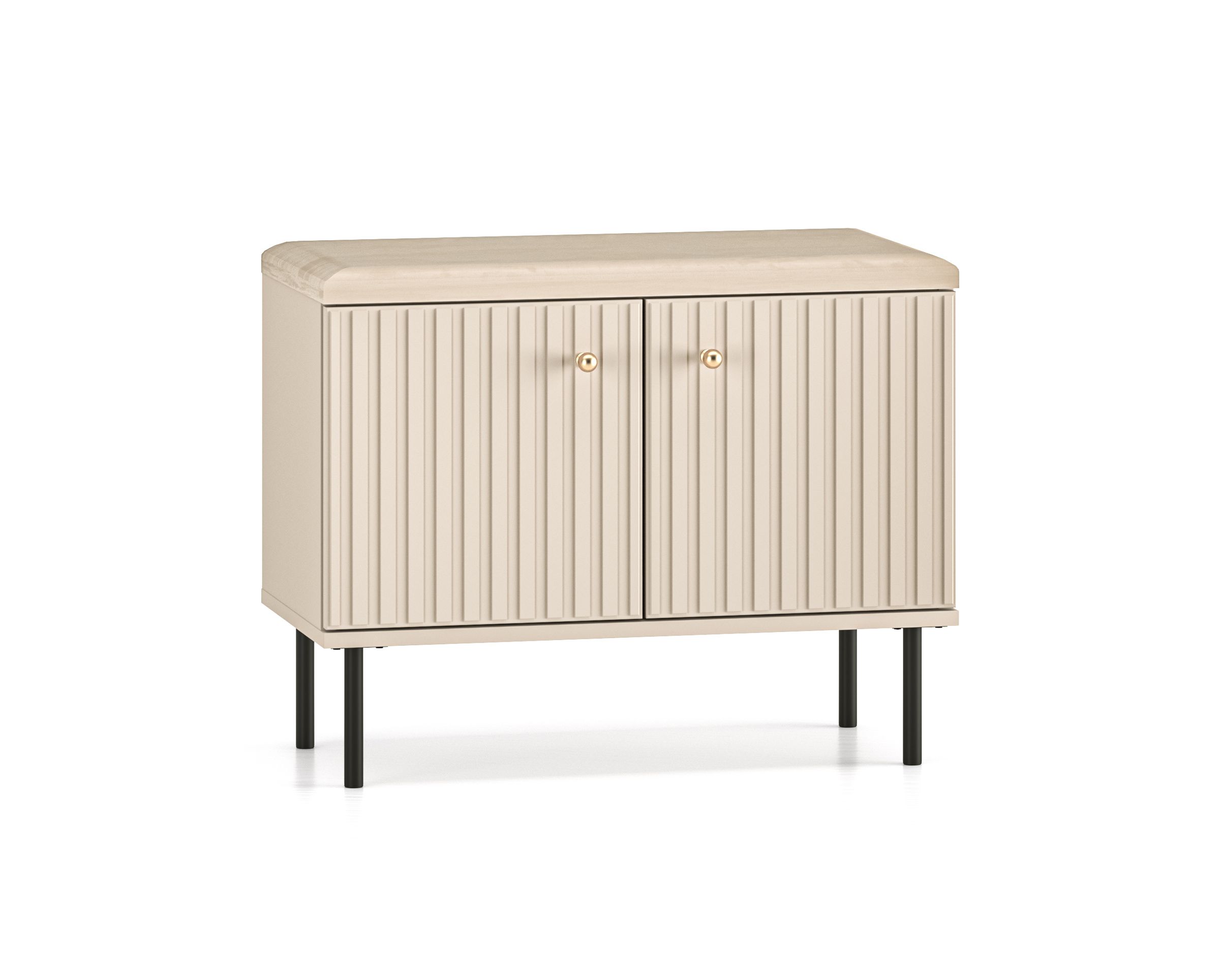 Narrow bench with storage space / shoe cabinet Petkula 16, color: light beige, handles: matt gold, ABS edge protection, legs: black, two compartments, upholstered seat