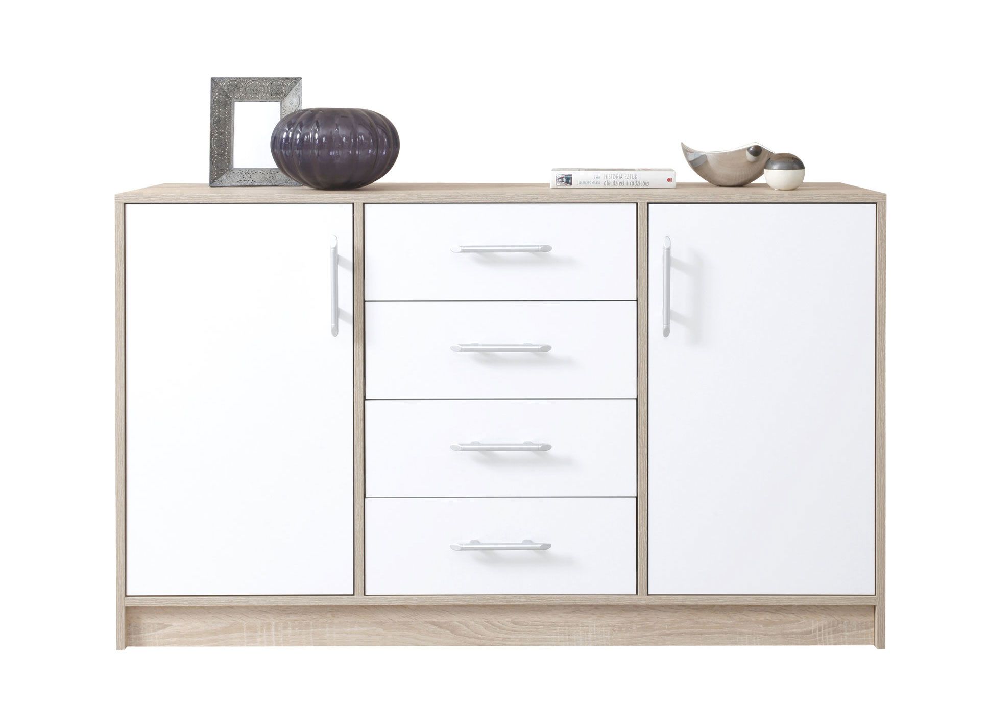 Simple chest of drawers Hannut 14, color: white / oak - Dimensions: 84 x 140 x 40 cm (H x W x D)