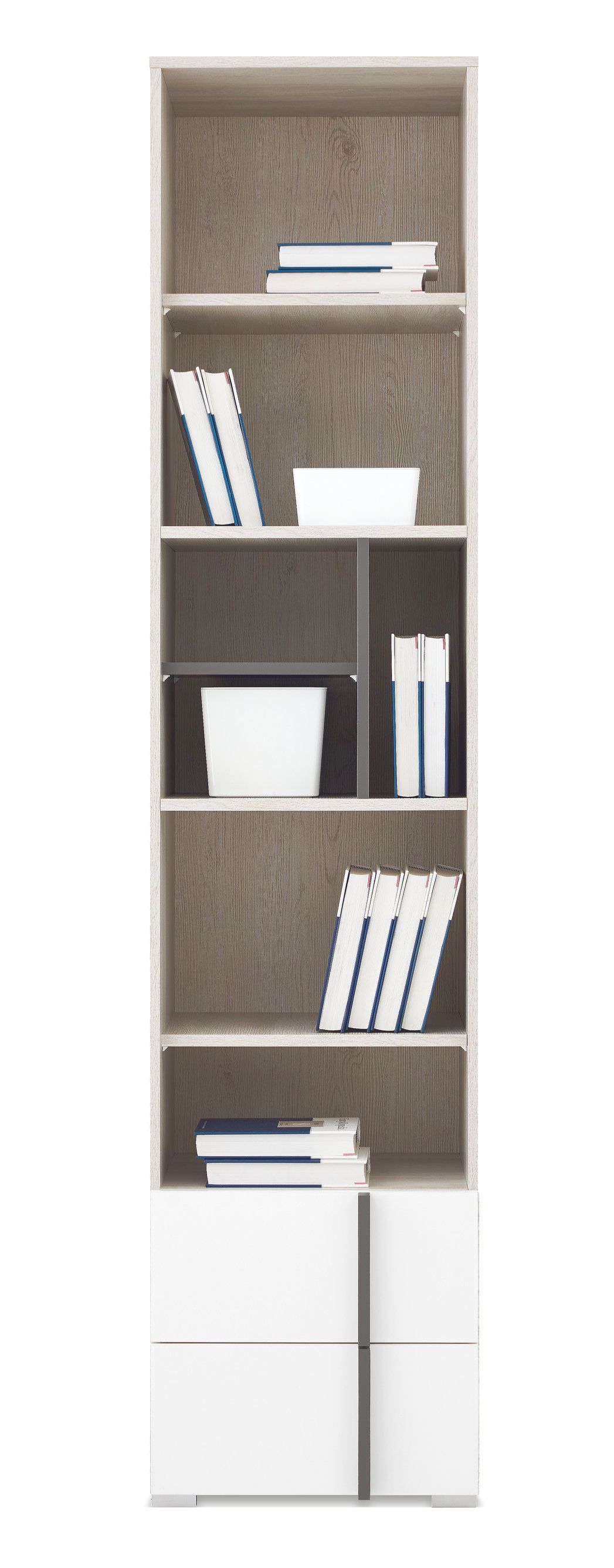 Shelf with enough compartments Shields 05, color: oak white / white / anthracite - dimensions: 195 x 45 x 43 cm (H x W x D)