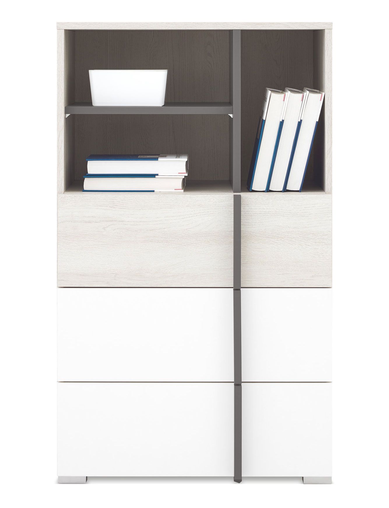 Narrow chest of drawers Schilde 07, color: oak white / white / anthracite - Dimensions: 100 x 60 x 43 cm (H x W x D)