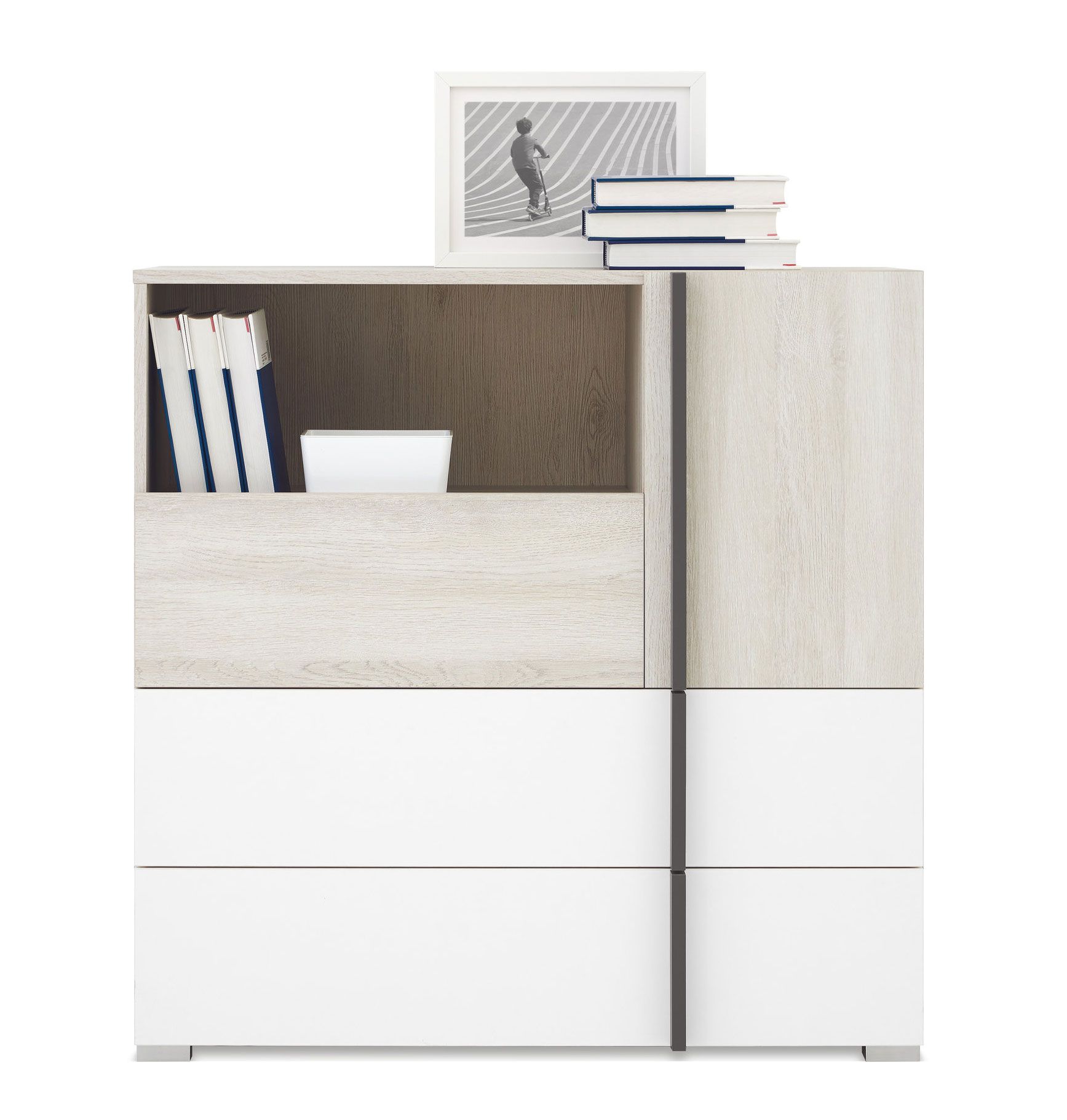 Modern chest of drawers Schilde 08, color: oak white / white / anthracite - Dimensions: 90 x 90 x 43 cm (H x W x D)