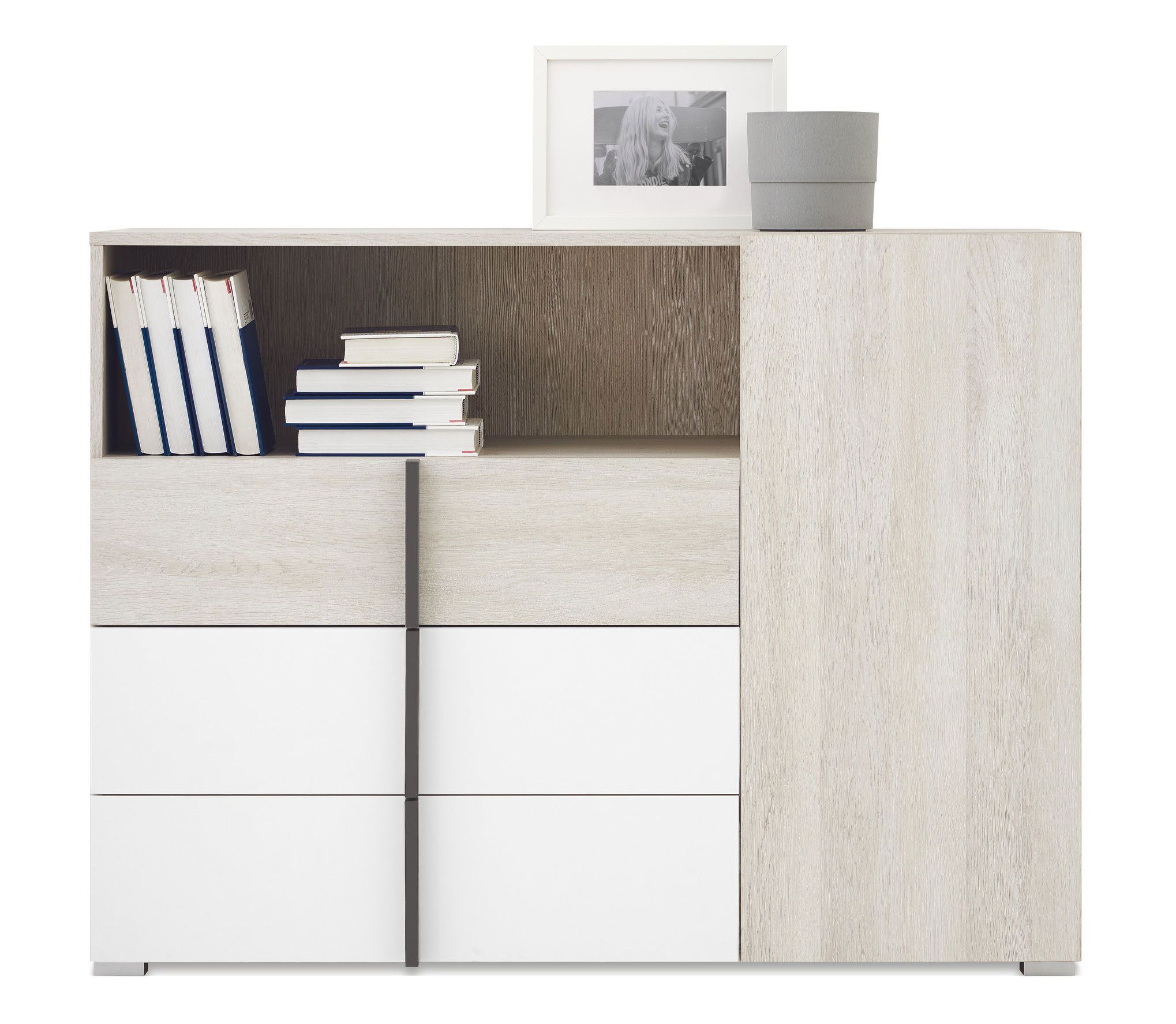 Sideboard with simple design shields 09, color: oak white / white / anthracite - dimensions: 90 x 120 x 43 cm (H x W x D)