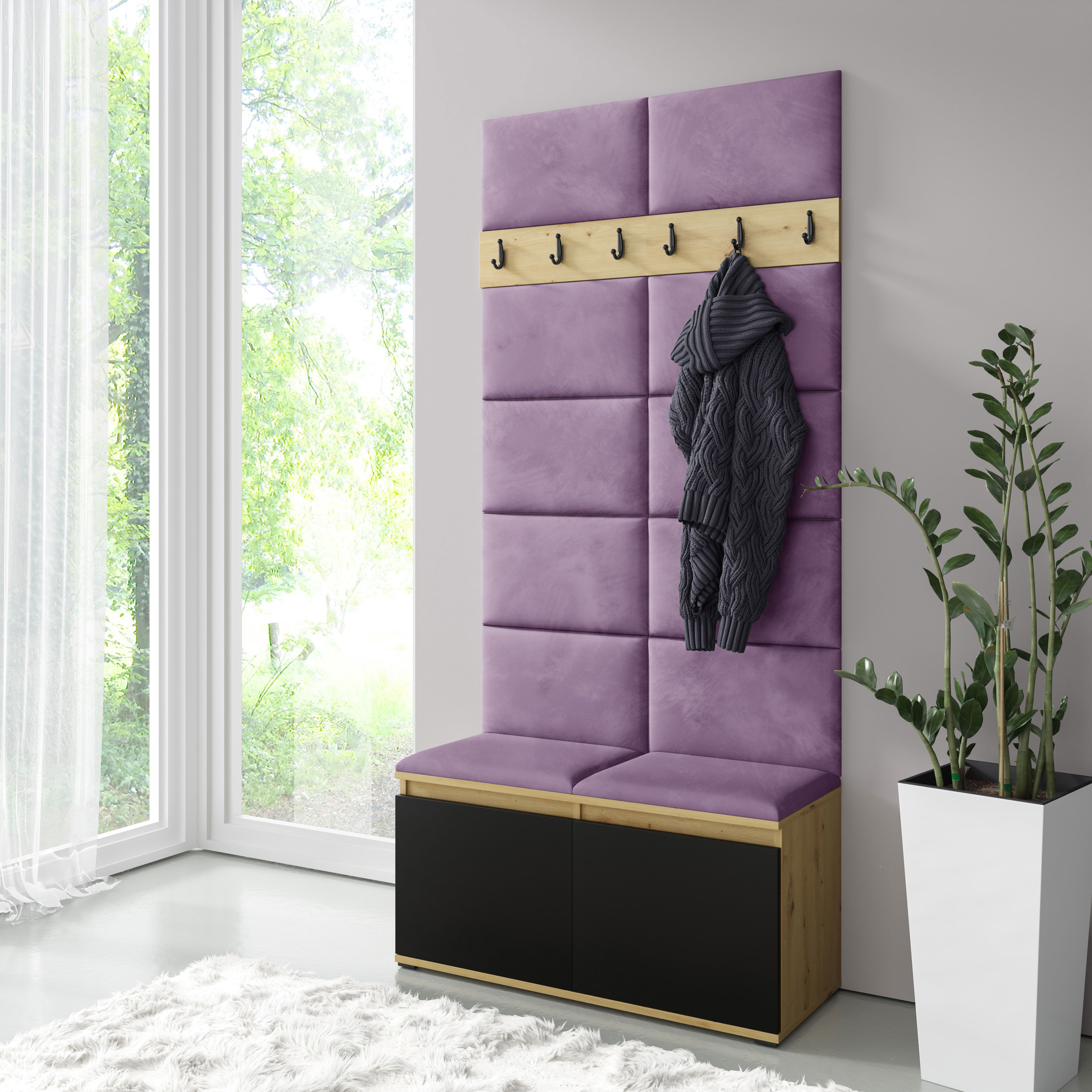 Narrow wardrobe 01 with upholstered bench | Artisan/black/purple | 215 x 100 x 40 cm | for 8 pairs of shoes | 6 coat hooks | 4 compartments | 2 tilt doors