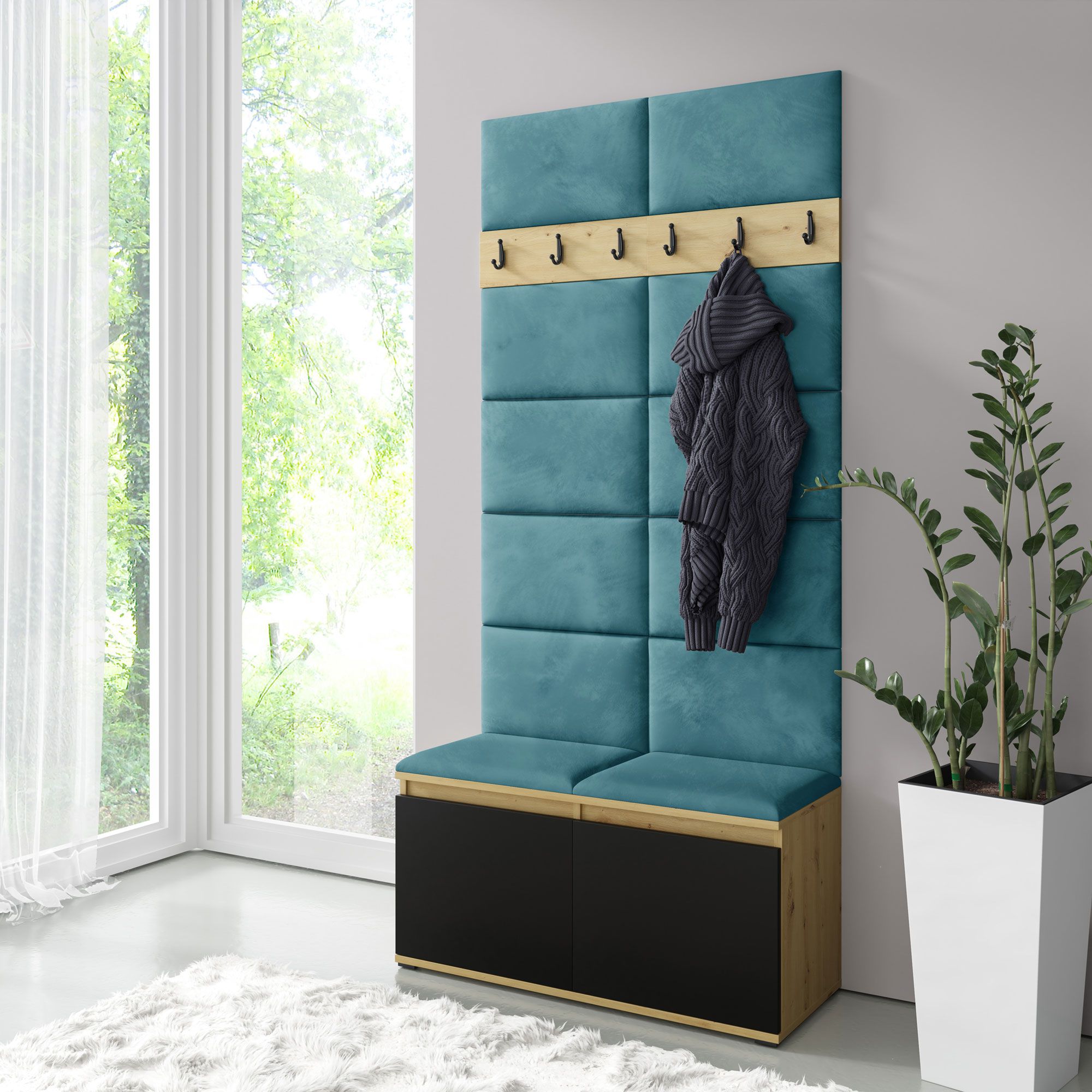 Wardrobe 01 for approx. 8 pairs of shoes | Artisan/black/turquoise | 215 x 100 x 40 cm | Upholstered panels bench & wall | 6 coat hooks | 4 compartments