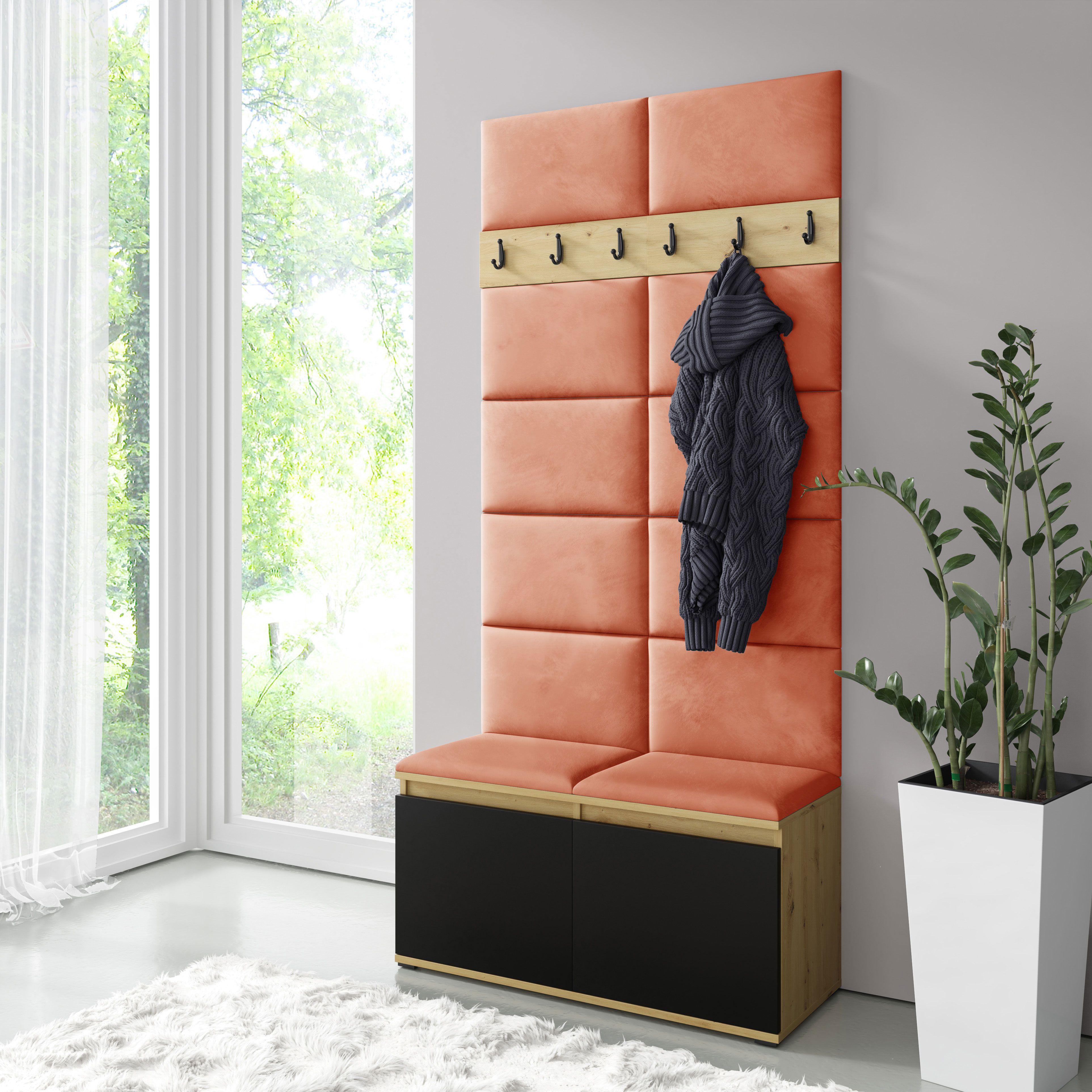 Wardrobe 01 with upholstered bench, for 8 pairs of shoes, Artisan/black/orange, 215 x 100 x 40 cm, 6 coat hooks, shoe cabinet with 4 compartments