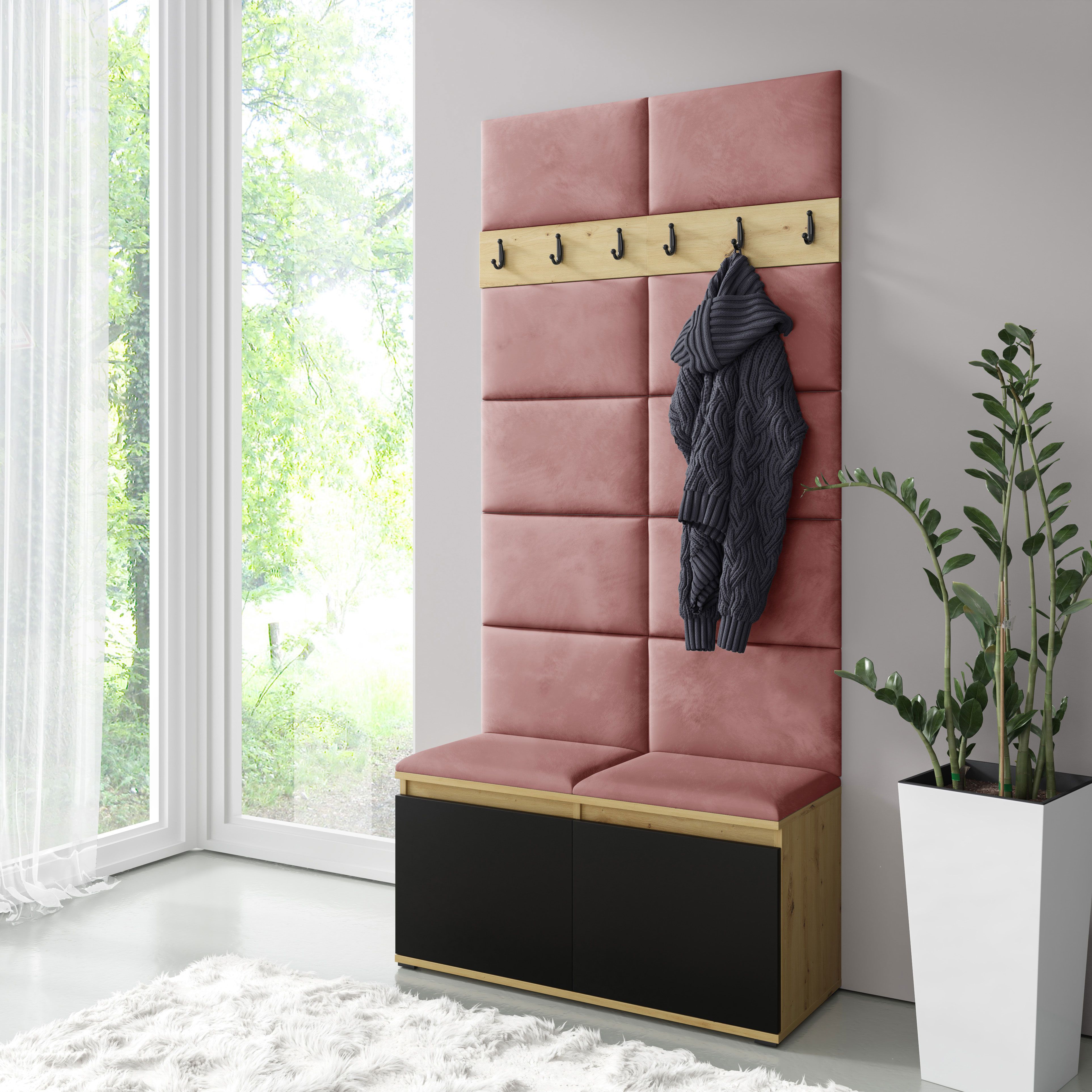 Wardrobe 01 with upholstered bench/wall, Artisan/black/misty rose, 215x100x40 cm, for 8 pairs of shoes, 6 coat hooks, shoe cabinet with 4 compartments