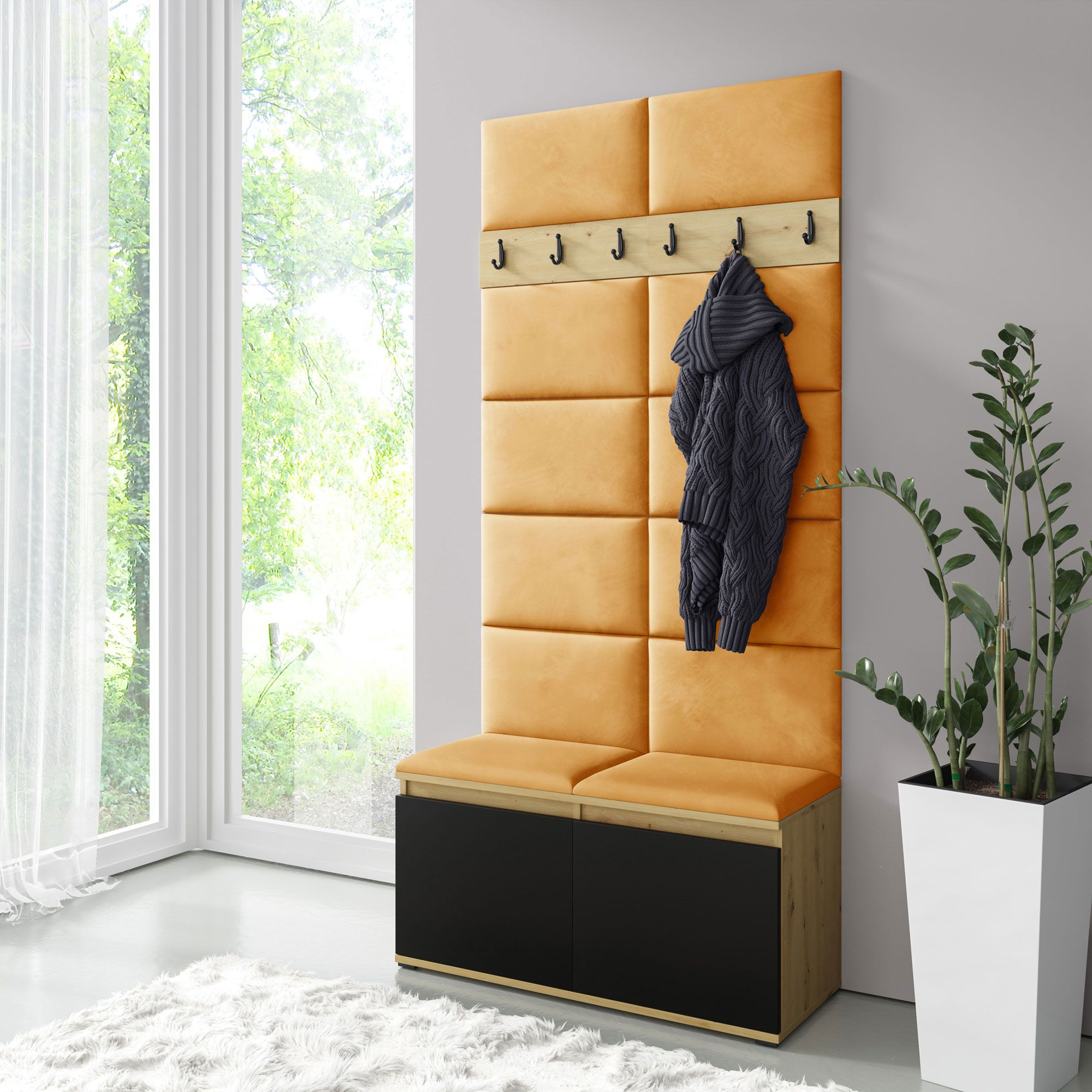 Wardrobe 01 with 6 coat hooks and shoe cabinet, Artisan/black/amber, 215 x 100 x 40 cm, for 8 pairs of shoes, 4 compartments, bench/wall upholstered