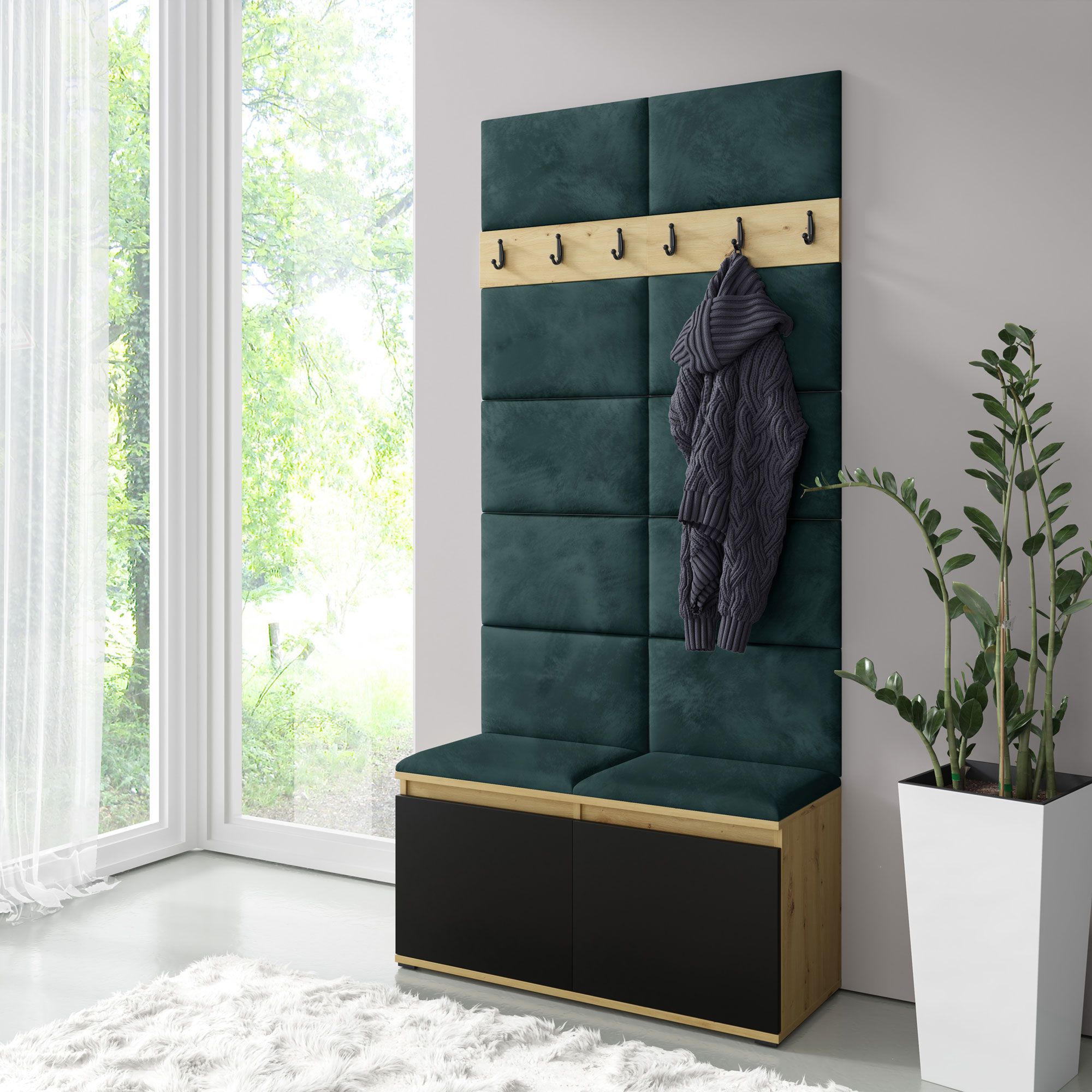 Wardrobe 01 with upholstered panels for wall and bench, Artisan/black/bottle green, 215 x 100 x 40 cm, for 8 pairs of shoes, 6 coat hooks, 4 compartments