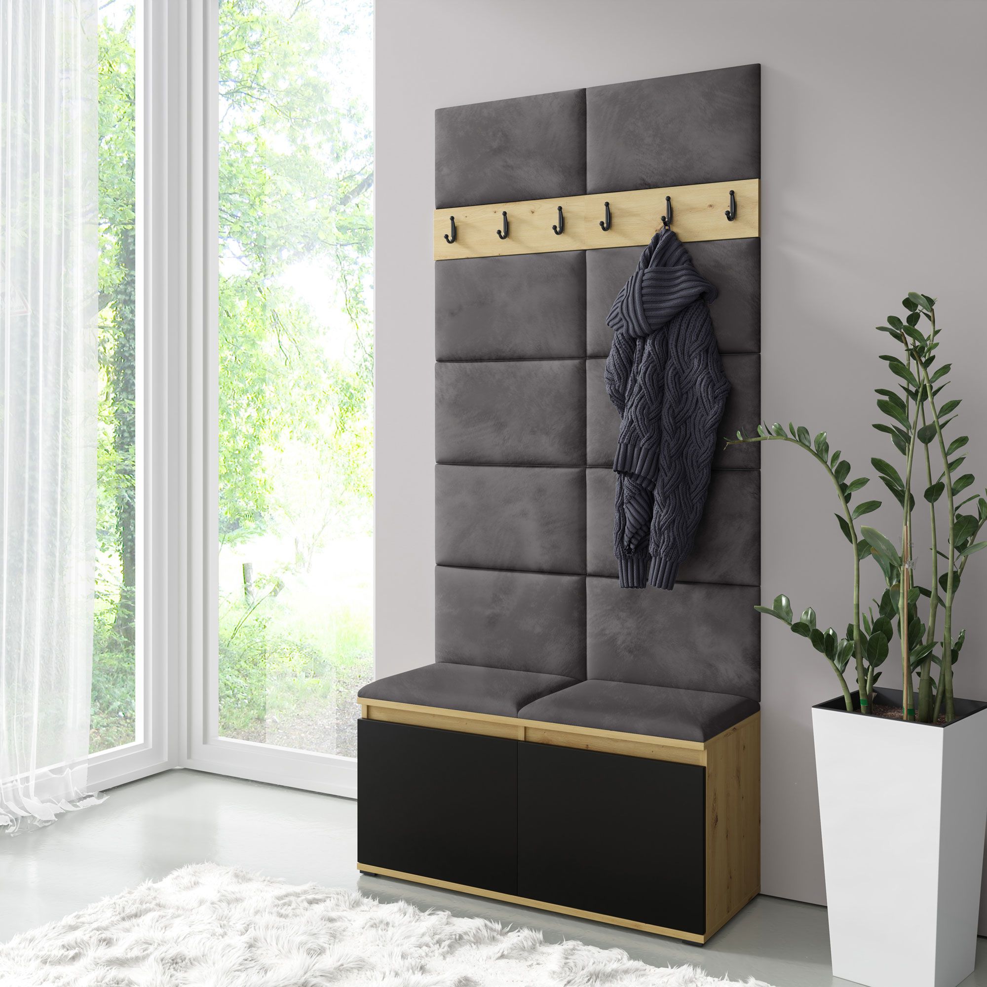 Narrow coat rack 01 with upholstered bench, color: Artisan/black/elephant, 215 x 100 x 40 cm, for 8 pairs of shoes, 6 coat hooks, 4 compartments