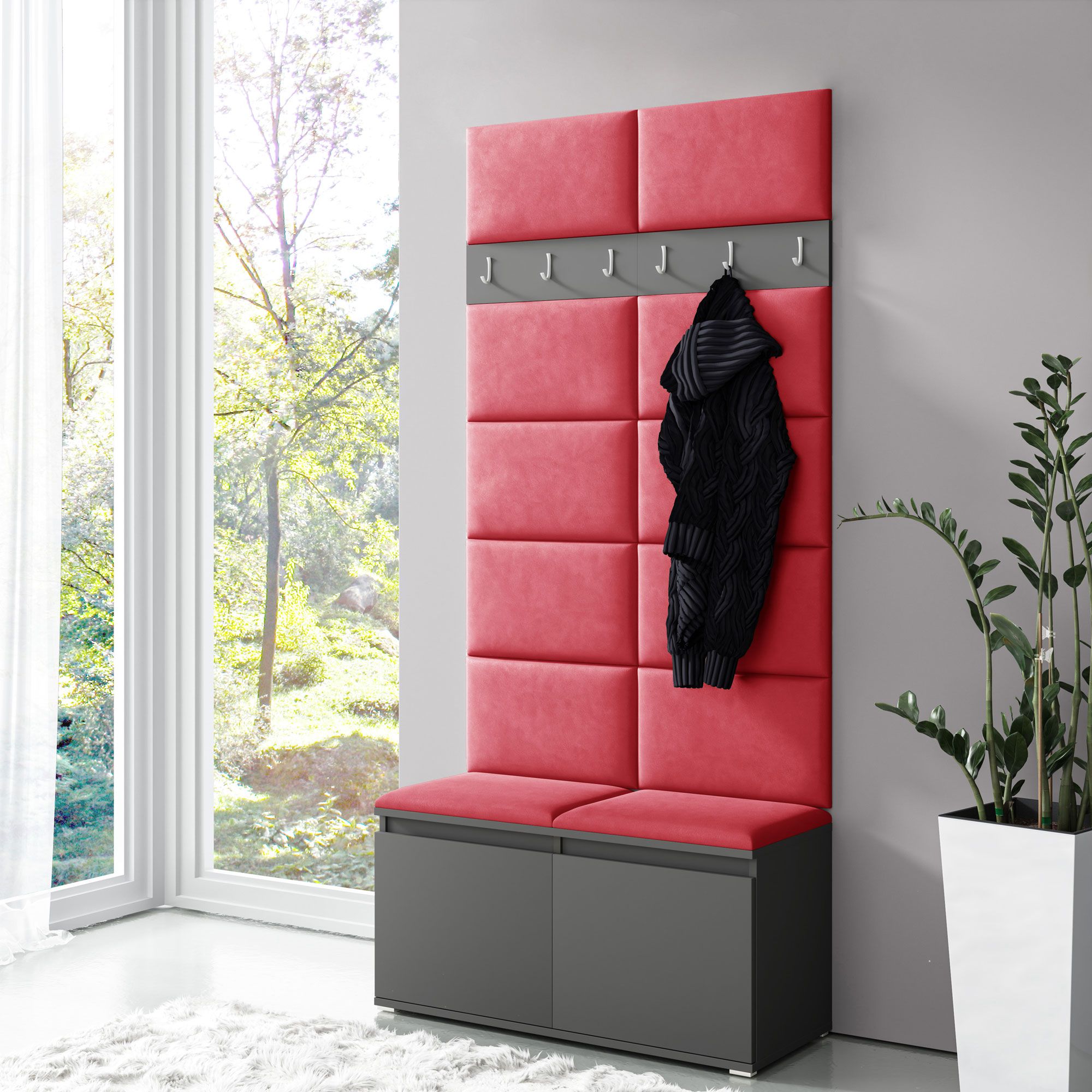 Wardrobe 01 with red upholstered panels for bench and wall, graphite/red, 215 x 100 x 40 cm, shoe cabinet for 8 pairs of shoes, 6 coat hooks, 4 compartments