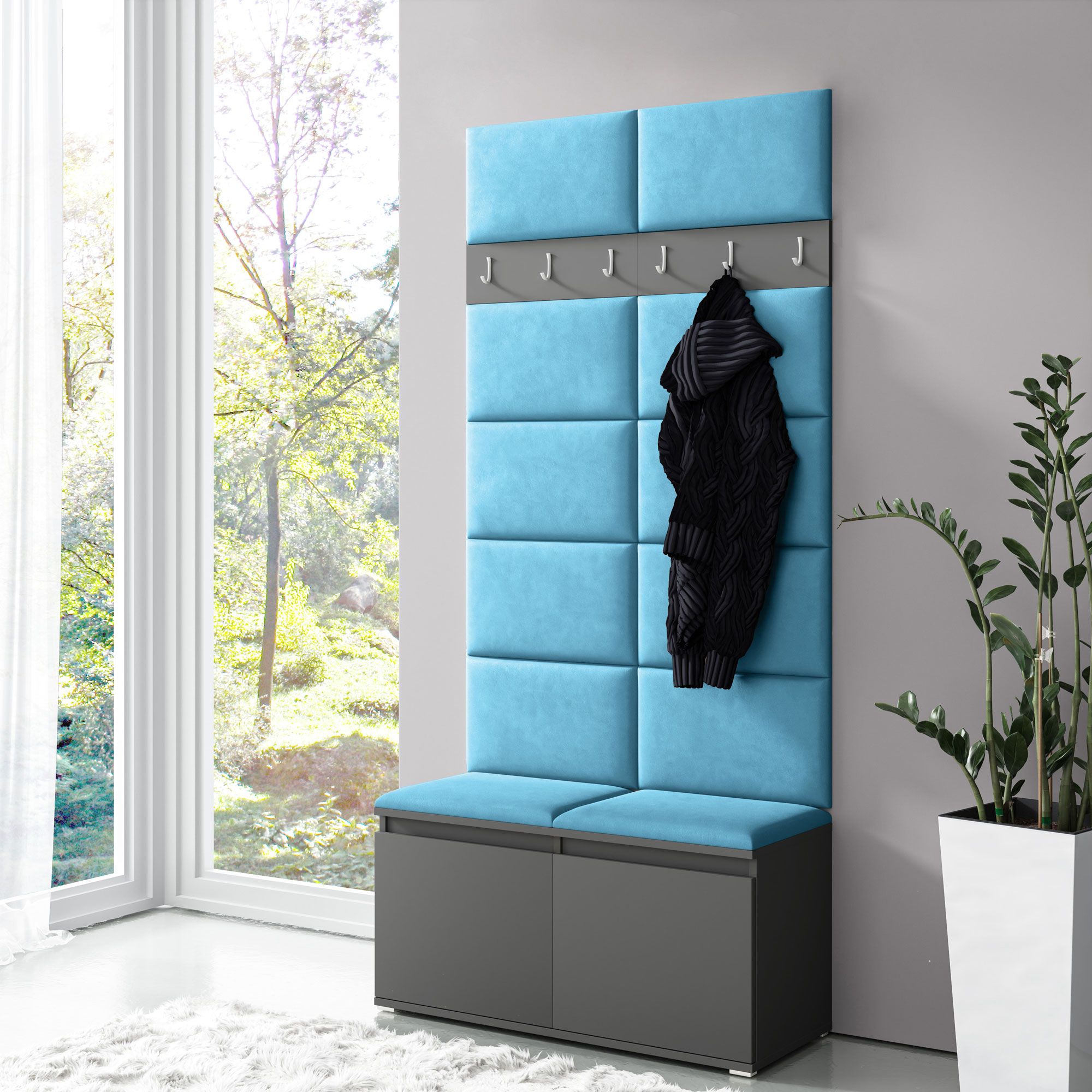 Narrow wardrobe 01 with upholstered bench/wall, graphite/turquoise, 215 x 100 x 40 cm, for 8 pairs of shoes, 6 coat hooks, 4 compartments, shoe cabinet