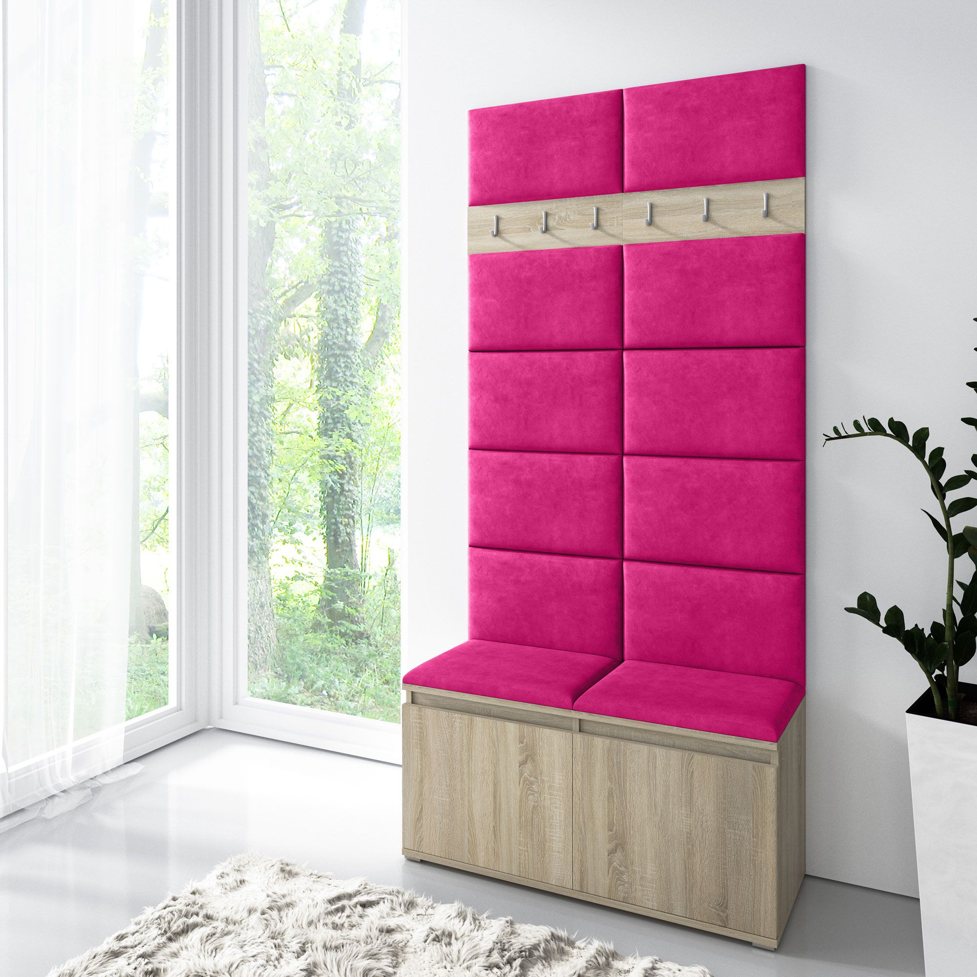 Wardrobe 01 for dressing room with pink upholstered bench, Sonoma oak/pink, 215 x 100 x 40 cm, for 8 pairs of shoes, 6 coat hooks, 4 compartments