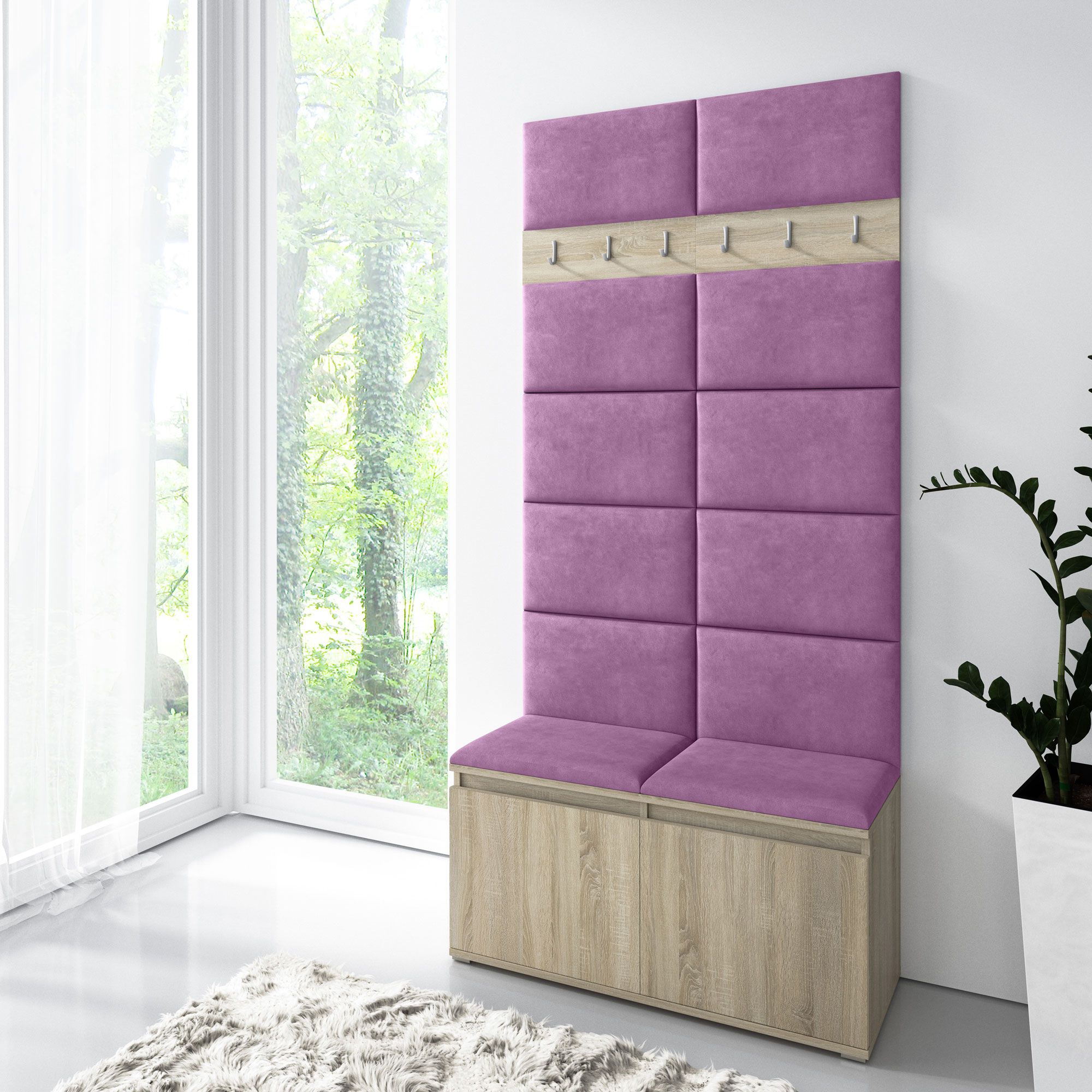 Wardrobe 01 for entrance hall with shoe cabinet for 8 pairs of shoes, bench/wall upholstered, Sonoma oak/purple, 215 x 100 x 40 cm, 6 coat hooks, 4 compartments