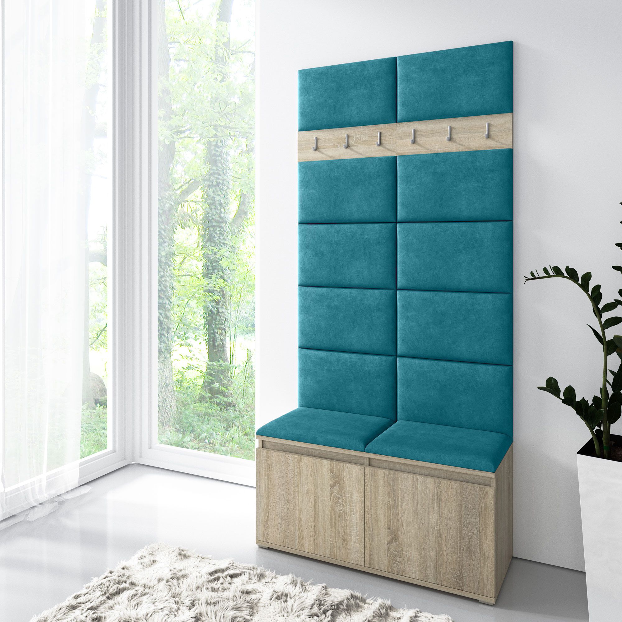 Wardrobe 01 for hallway with upholstered panels for bench & wall, Sonoma oak/turquoise, 215 x 100 x 40 cm, for 8 pairs of shoes, 6 coat hooks, 4 compartments