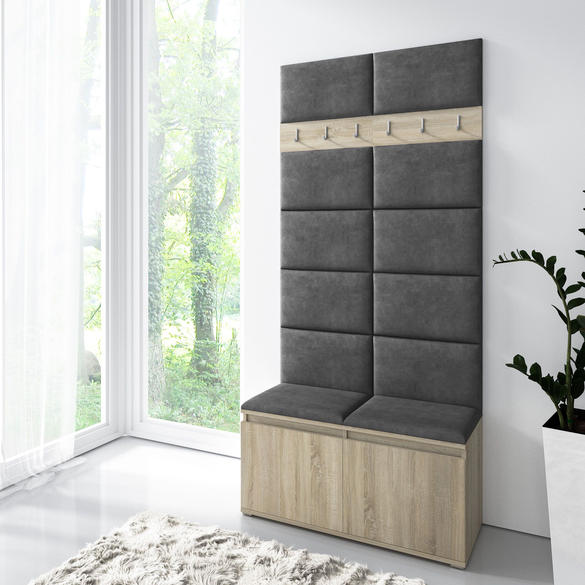 Wardrobe 01 with shoe cabinet and upholstered panel, Sonoma oak/light black, 215 x 100 x 40 cm, for 8 pairs of shoes, 6 coat hooks, 4 compartments