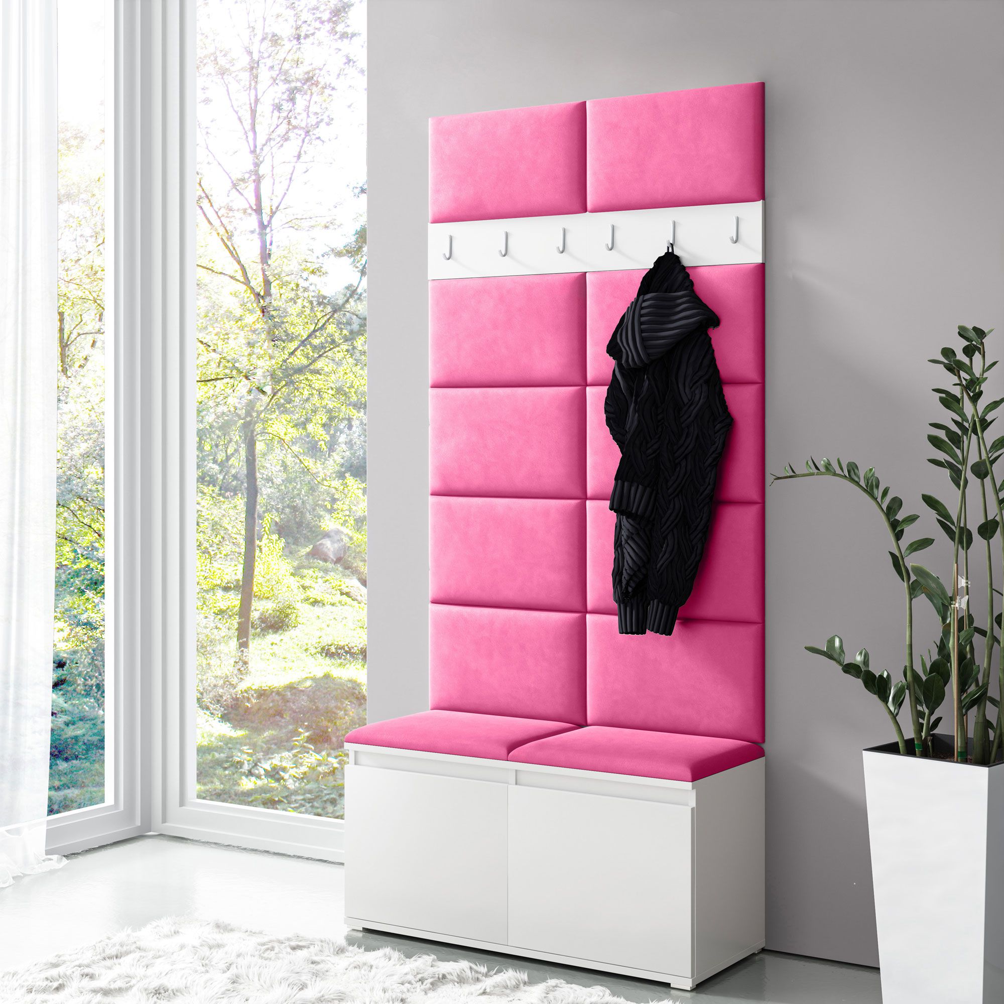 Wardrobe 01 with pink upholstered panels for bench and wall, shoe cabinet for 8 pairs of shoes, white/pink, 215 x 100 x 40 cm, 6 coat hooks, 4 compartments