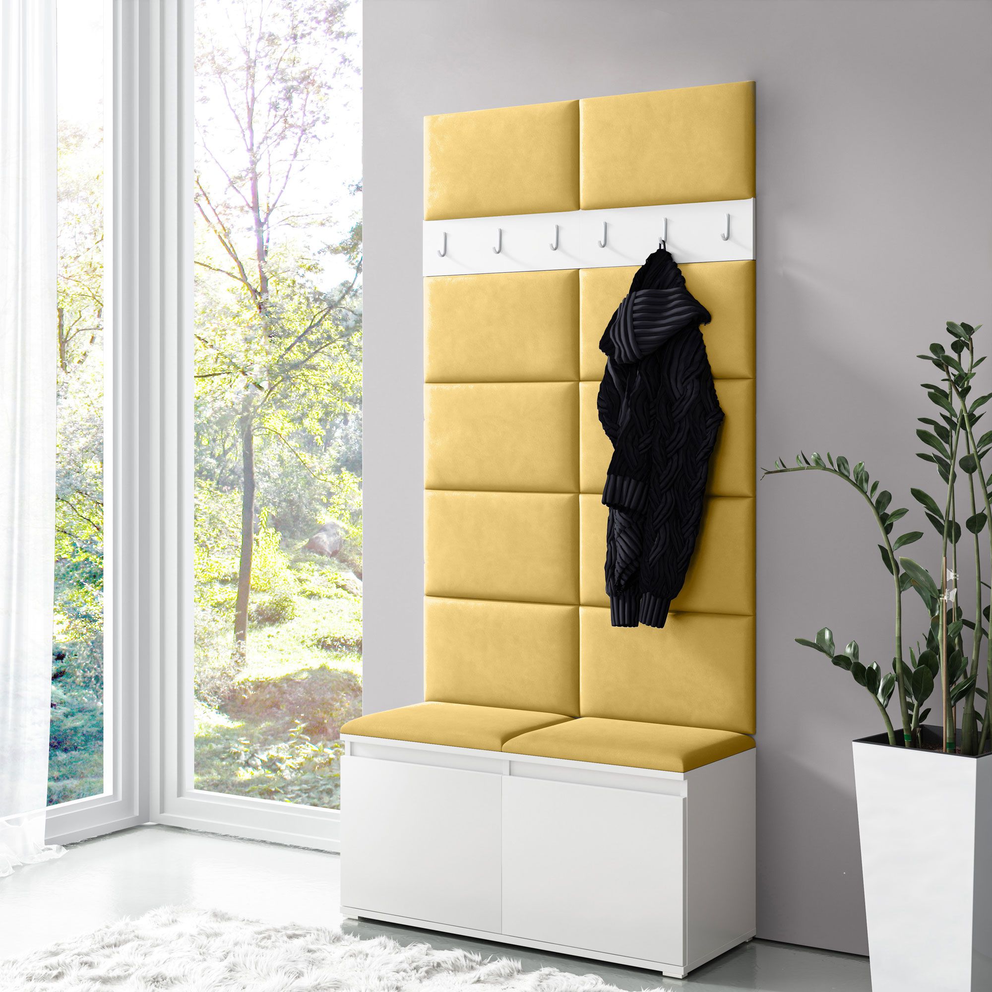 Wardrobe 01 with yellow upholstered panels for bench and wall, white/naples yellow, 215 x 100 x 40 cm, for 8 pairs of shoes, 6 coat hooks, 4 compartments