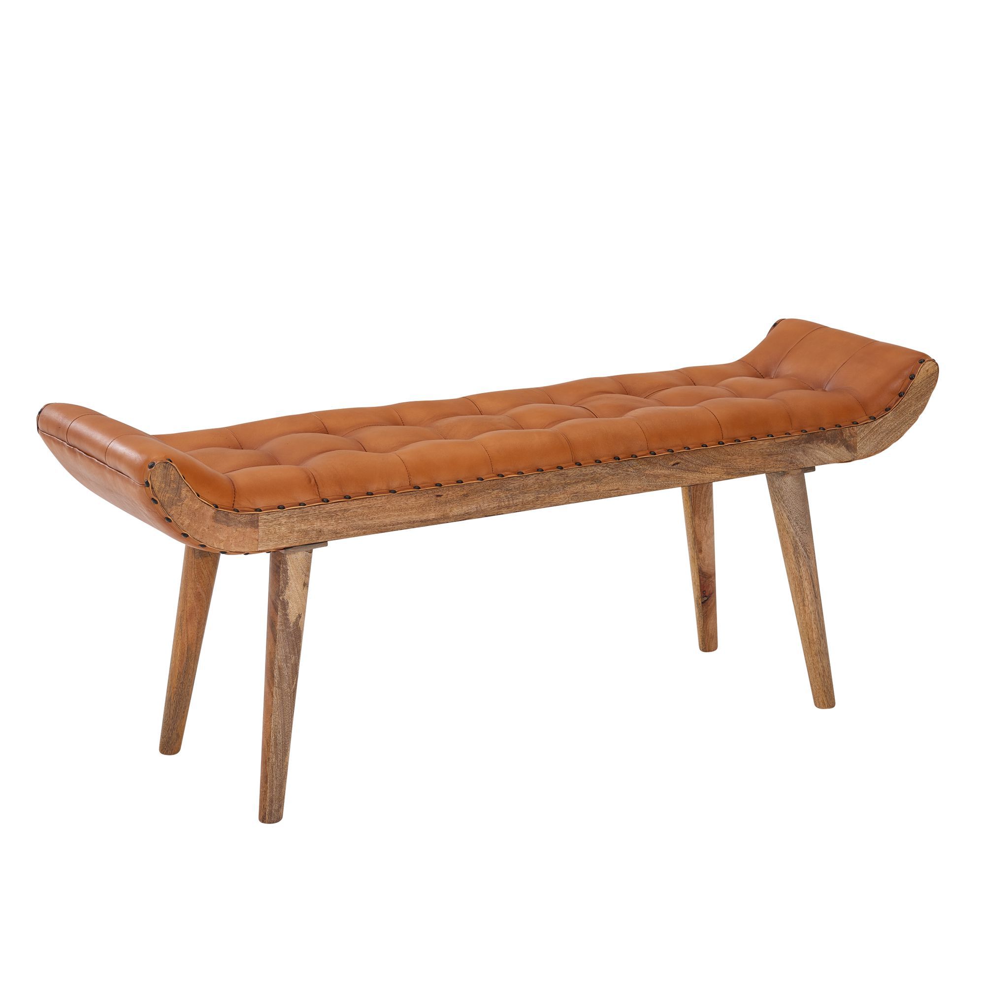 Bench made of solid mango wood, color: mango / orange - Dimensions: 50 x 125 x 38 cm (H x W x D) with goatskin leather