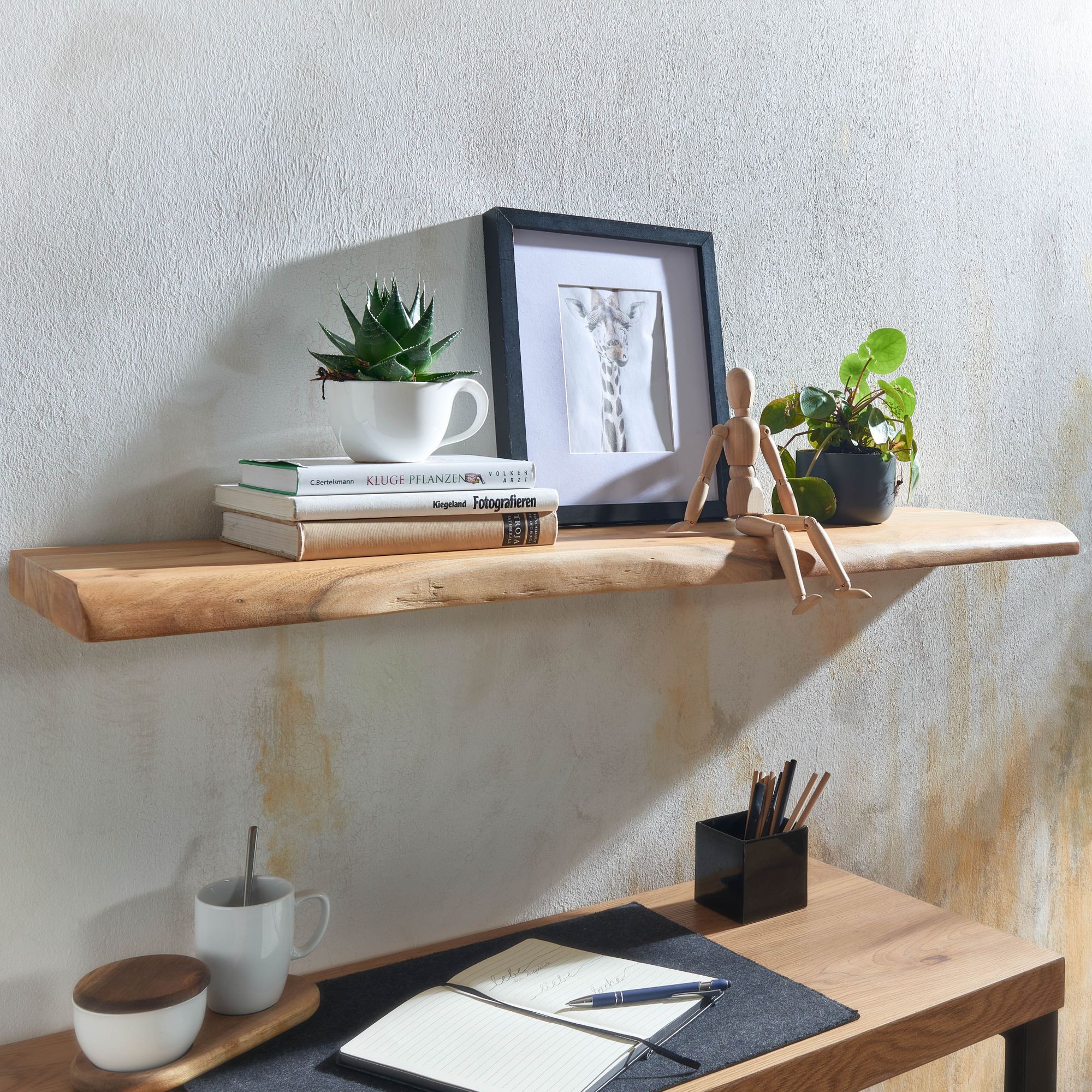 Wall shelf made of solid acacia wood, color: acacia - Dimensions: 4 x 100 x 26 cm (H x W x D) with tree edge