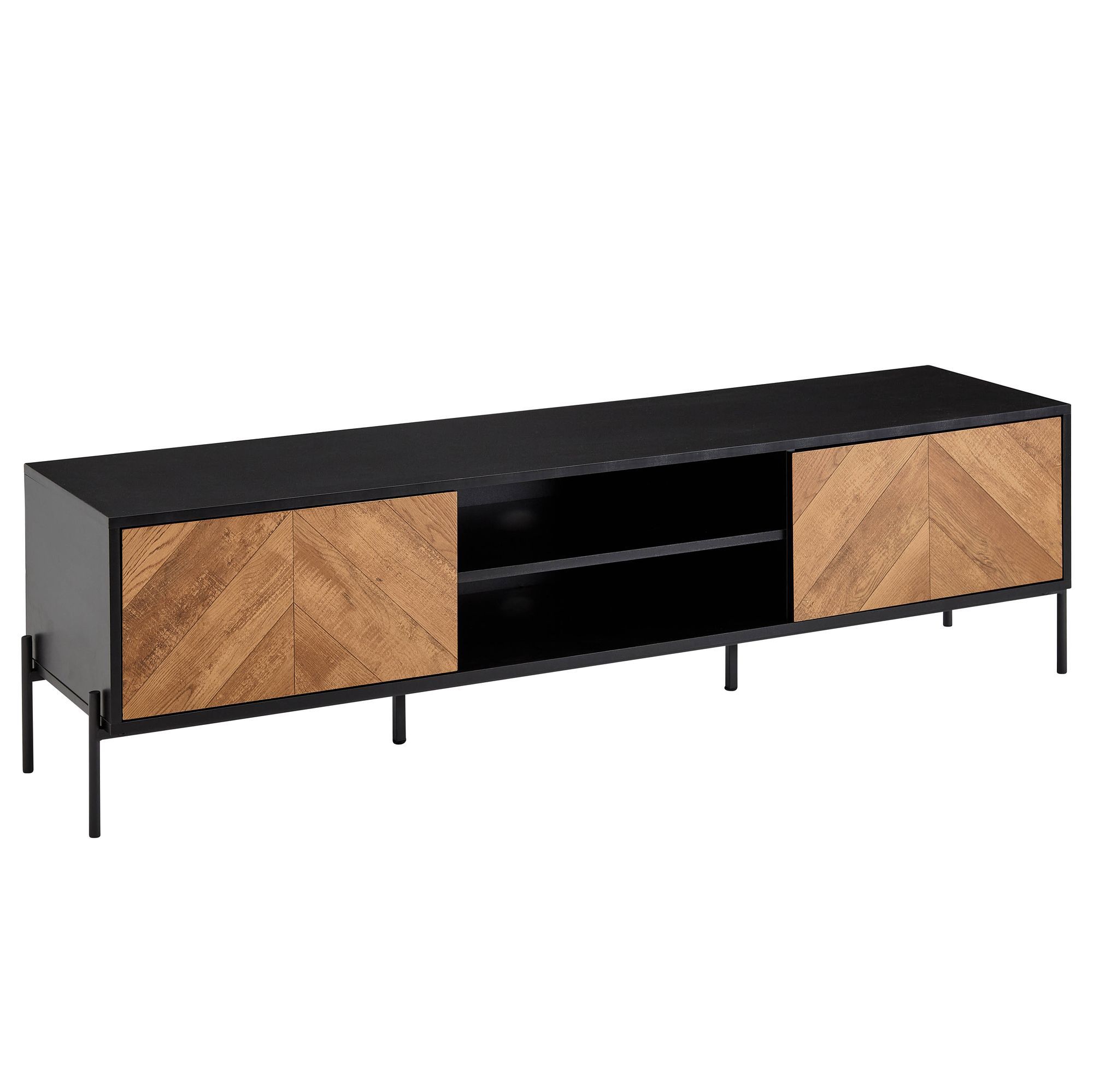 TV base unit / lowboard, color: oak / black- Dimensions: 45 x 163 x 40 cm (H x W x D)