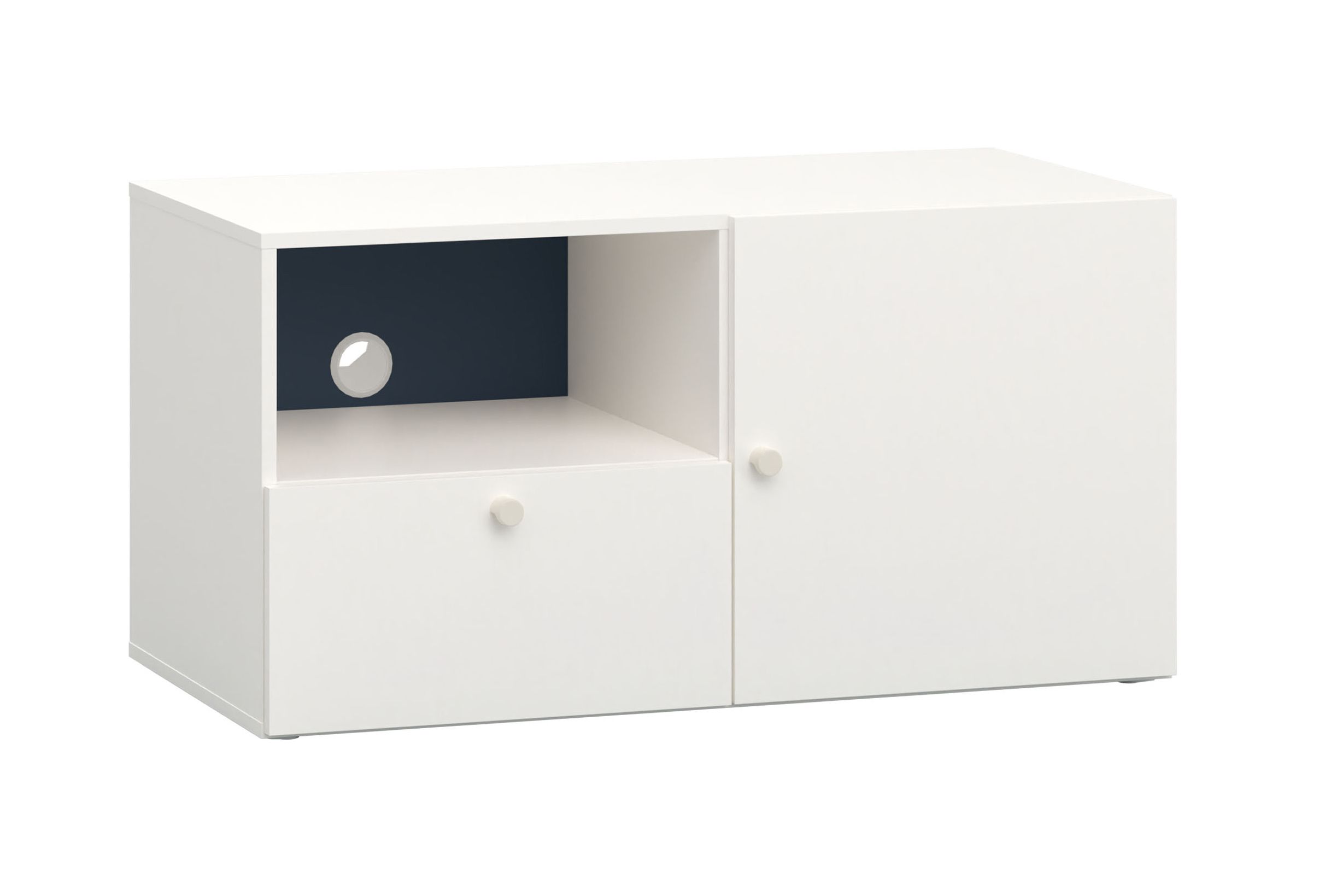 Modernes TV-Möbel / TV-Schrank mit einer Schublade Aenna 110, Farbe: Weiß / Indigo, Maße: 51,5 x 101 x 46,5 cm, Griffe: Weiß, eine Tür, zwei Fächer