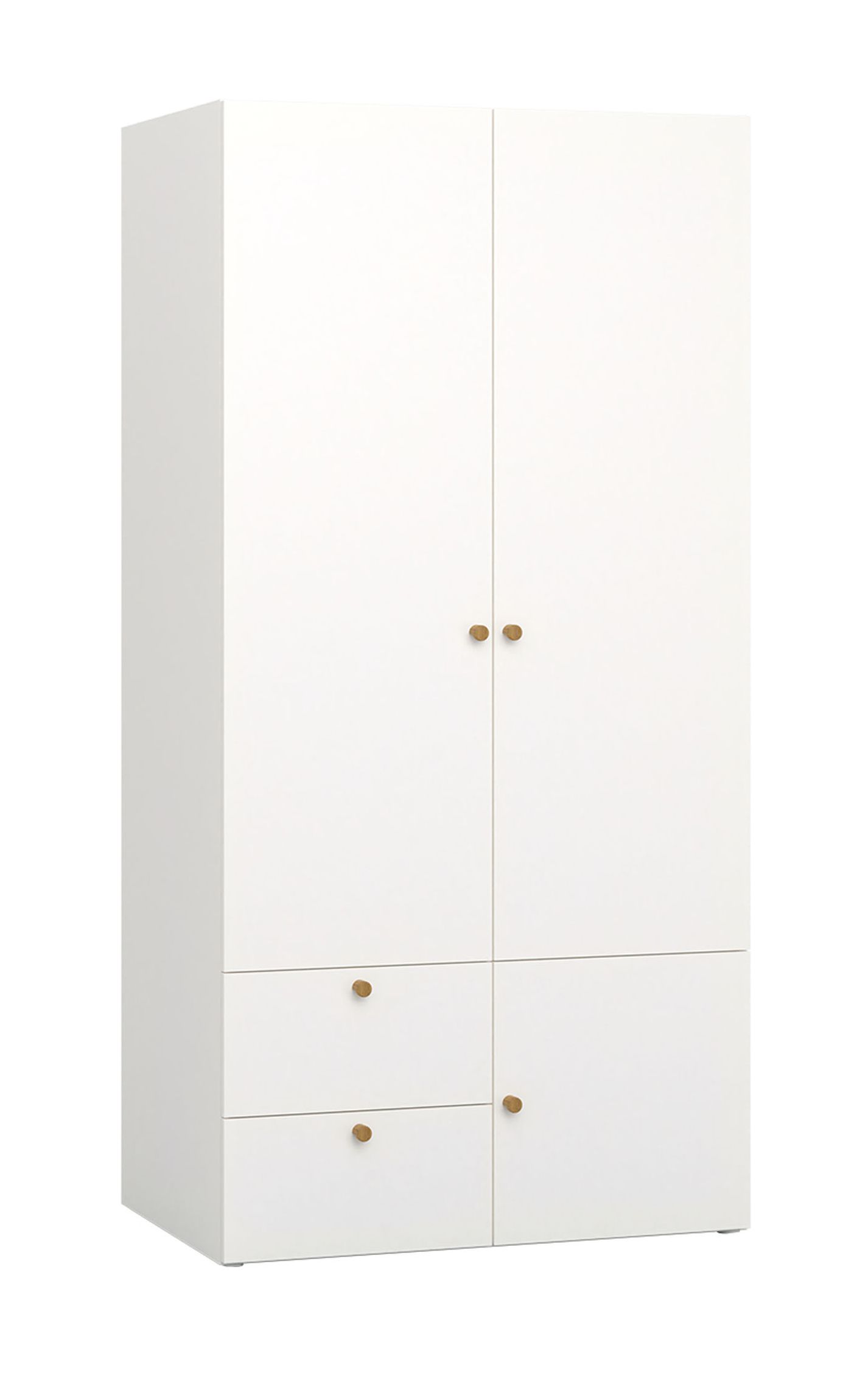 Eleganter Kleiderschrank mit sechs Fächer Aenna 30, Farbe: Weiß / Grau, inkl. LED-Beleuchtung, Griffe: Eiche, Maße: 202,5 x 100,5 x 60 cm, zwei Schubladen