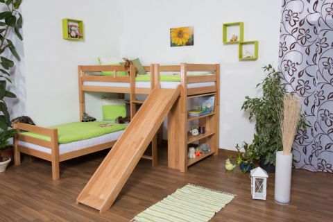 Children's bunk bed Moritz L solid beech wood natural with shelf and slide, incl. roll-up frame - 90 x 200 cm, divisible