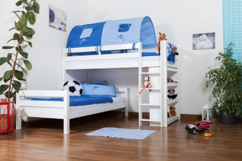 Children's bunk bed Moritz L solid beech wood white lacquered with shelf, incl. roll-away frame - 90 x 200 cm, divisible