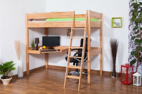 Children's bed loft bed Patrick solid beech natural with desk top, incl. rolling frame - 90 x 200 cm