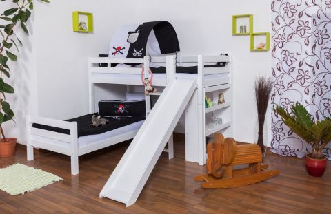 Bunk bed / play bed Moritz L solid beech wood white lacquered with shelf and slide, incl. rolling frame - 90 x 200 cm, divisible