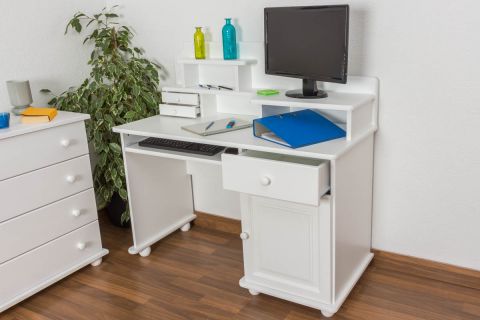 Sturdy solid pine desk, white lacquered Junco 188, 106 x 120 x 57 cm, with 3 drawers, 2 screen shelves and 1 keyboard tray