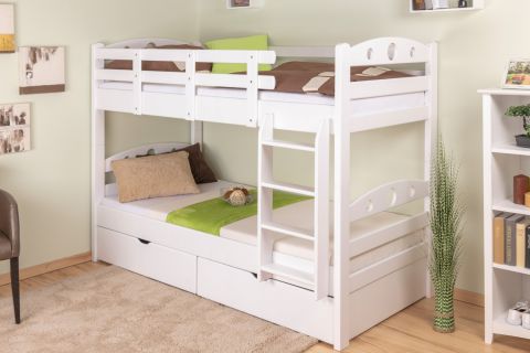 Bunk bed for adults "Easy Premium Line" K19/n incl. 2 drawers and 2 cover panels, headboard and footboard with holes, solid white beech wood - 90 x 200 cm (W x L), divisible