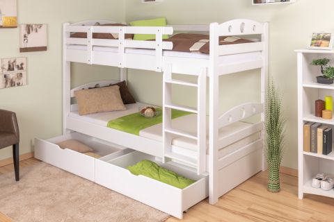 Bunk bed for adults "Easy Premium Line" K19/n incl. 2 drawers and 2 cover panels, headboard and footboard with holes, solid white beech wood - 90 x 200 cm (W x L), divisible