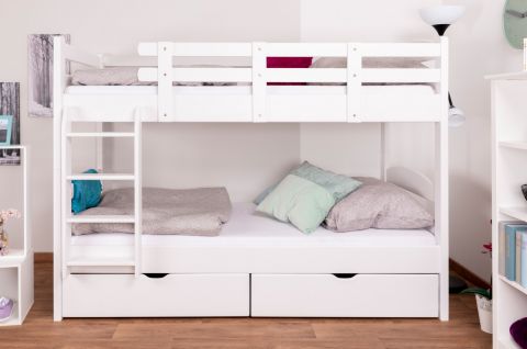 Bunk bed for adults "Easy Premium Line" K17/n incl. 2 drawers and 2 cover panels, 90 x 200 cm (W x L) solid beech wood, white lacquered, divisible