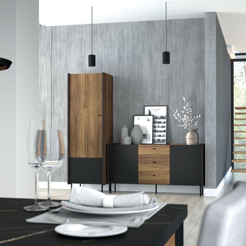 Dining room complete - Set E Mairenke, set of 3, Colour: Walnut / black matt