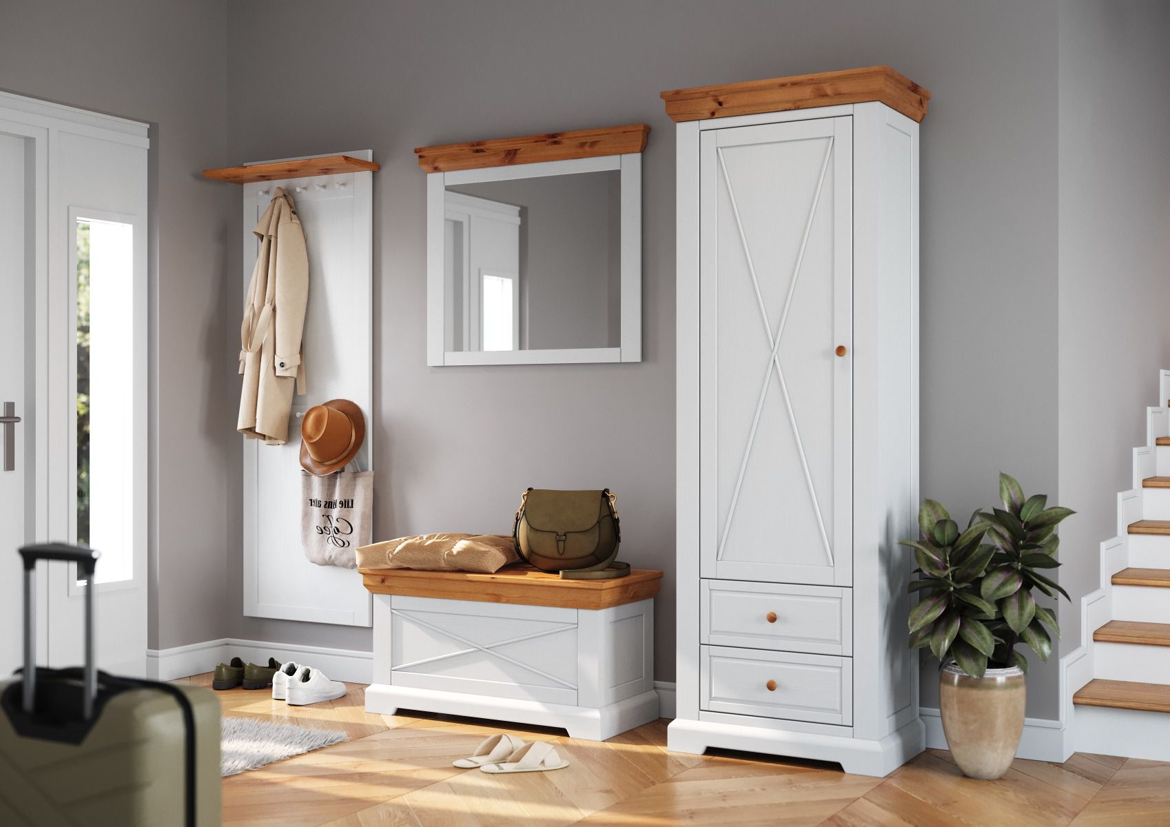 Entrance hall complete set C Bresle, 4-piece, with chest, mirror, wardrobe, cupboard in white / natural, country house style, round wooden handles