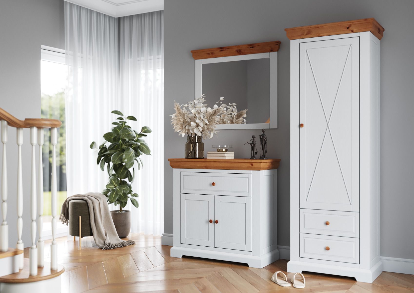 Entrance hall complete set D Bresle, 3-piece, in white / natural, solid pine wood, with shoe cabinet, mirror, wardrobe, round wooden handles, high-quality workmanship