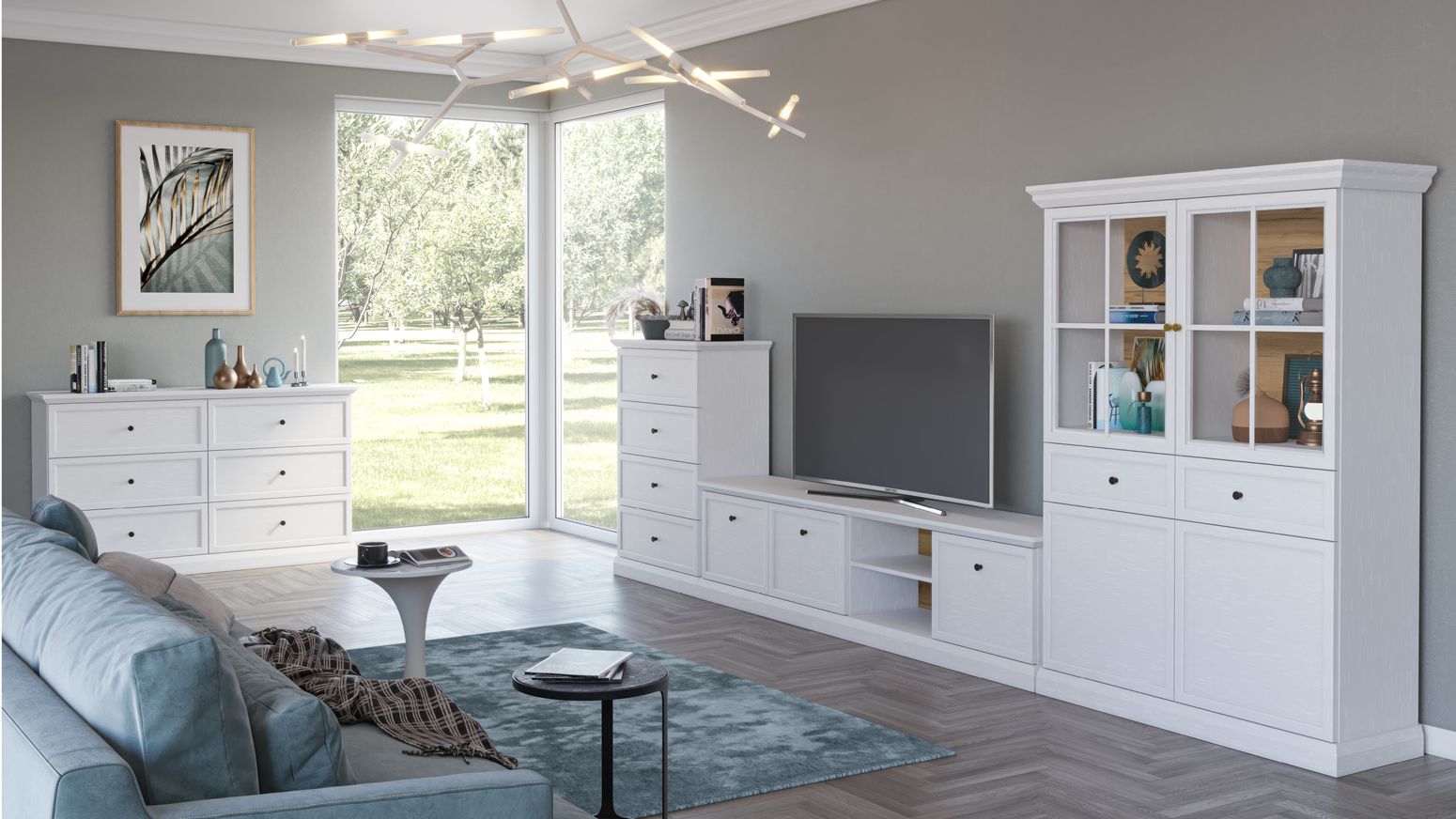 Living room complete set A Torsakala, 4-piece, black metal handles, color: white opal, ABS edge protection, without feet, decorated top panel and plinth