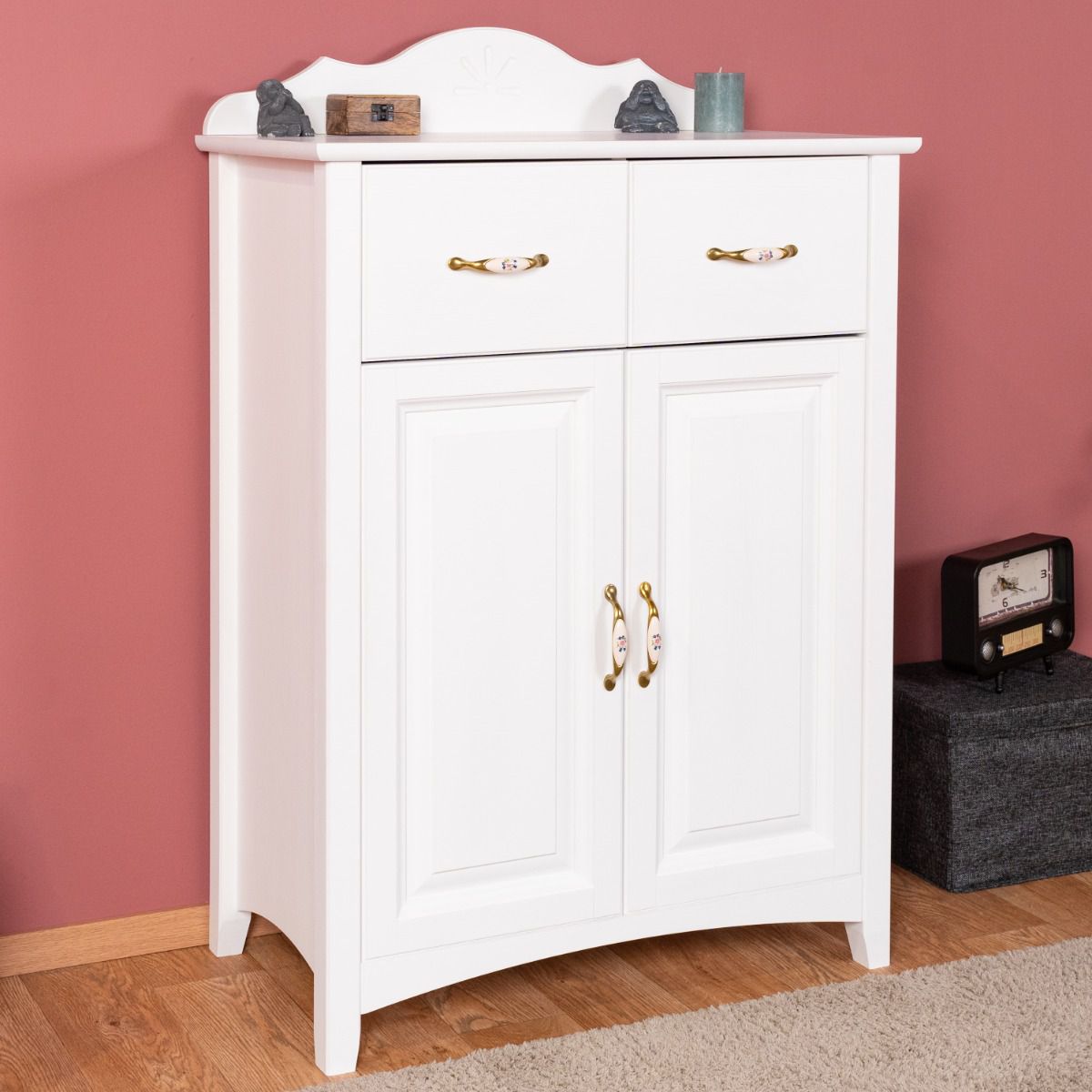 White stylish chest of drawers solid pine Turakos 67, with 2 doors and 2 drawers, 119 x 80 x 43 cm, professionally finished, long service life