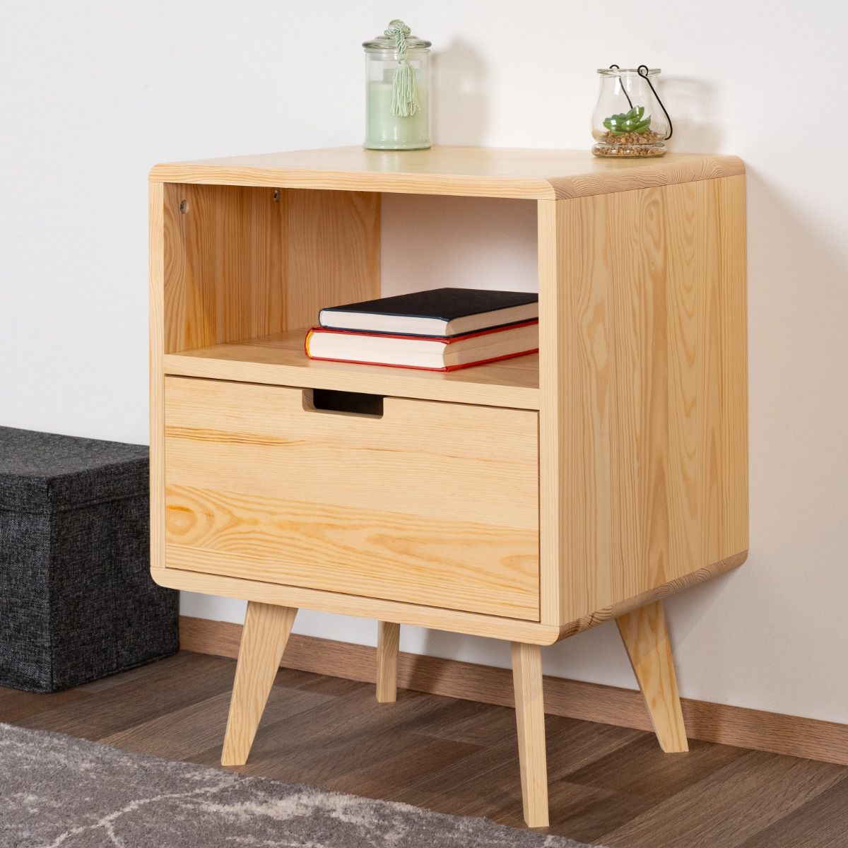 Bedside table of drawers solid pine wood natural Aurornis 50 - Measurements: 64 x 50 x 40 cm (H x W x D)