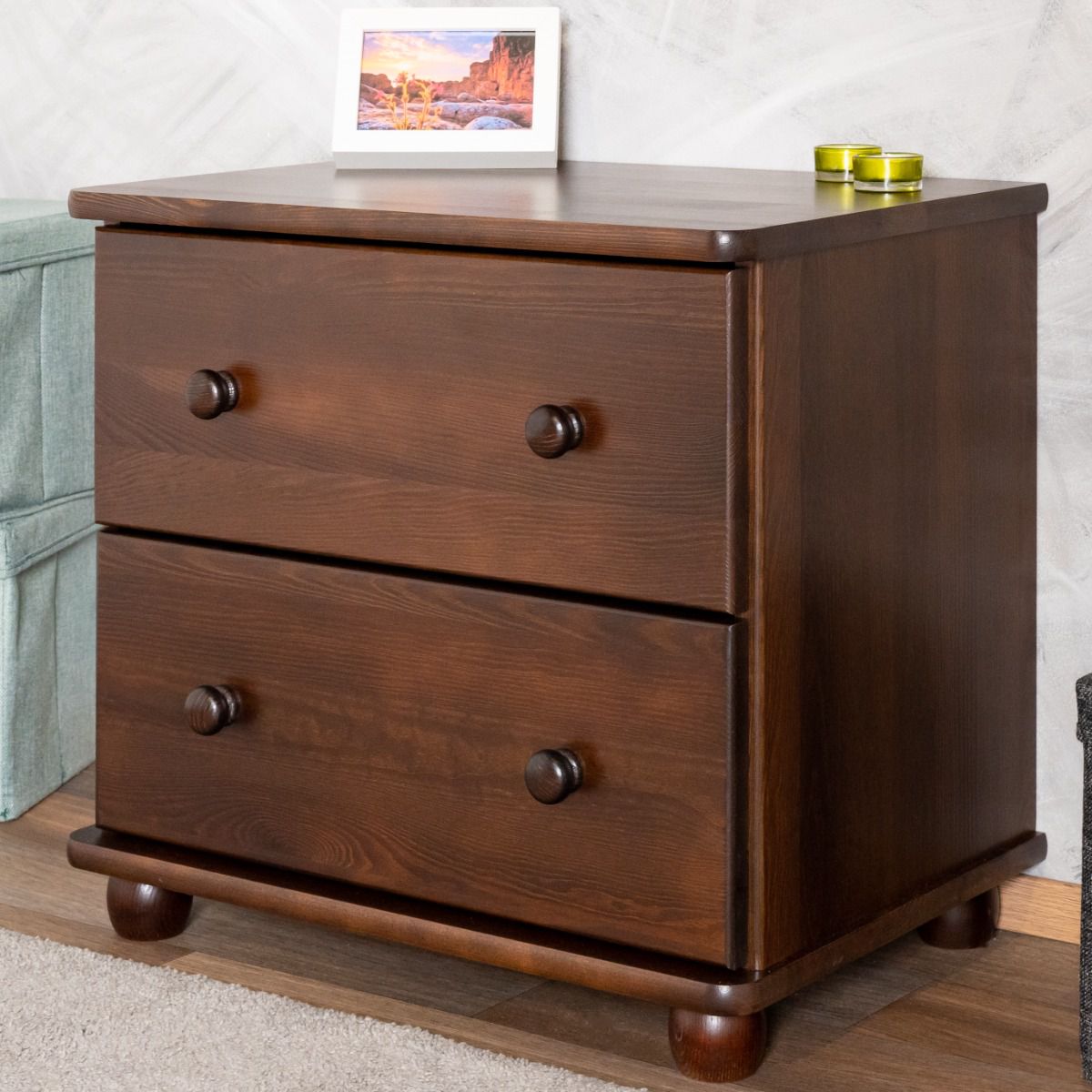 Small chest of drawers / bedside cabinet solid pine walnut Junco 153, with two drawers, 55 x 60 x 40 cm, very good stability