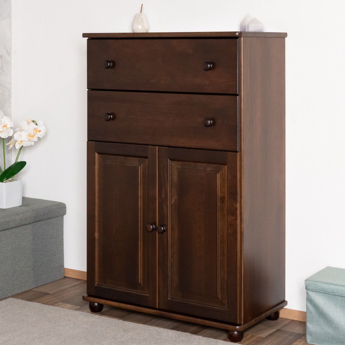 High chest of drawers made of solid pine wood in walnut color Junco 160, long life, with two spacious drawers, 123 x 80 x 43 cm, two compartments